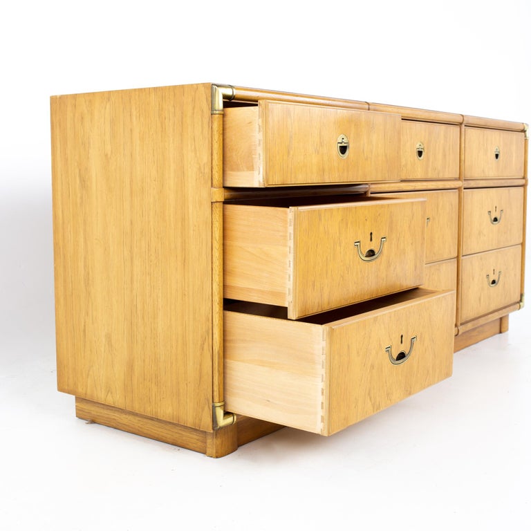 Drexel Campaign Mid Century Walnut and Brass 9 Drawer Lowboy Dresser at ...