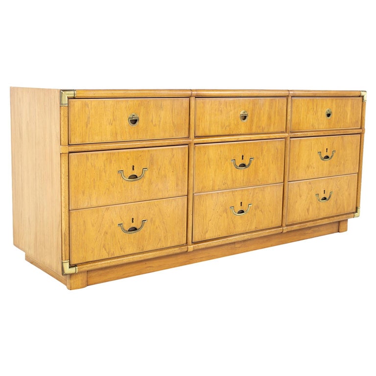 Drexel Campaign Mid Century Walnut and Brass 9 Drawer Lowboy Dresser at ...