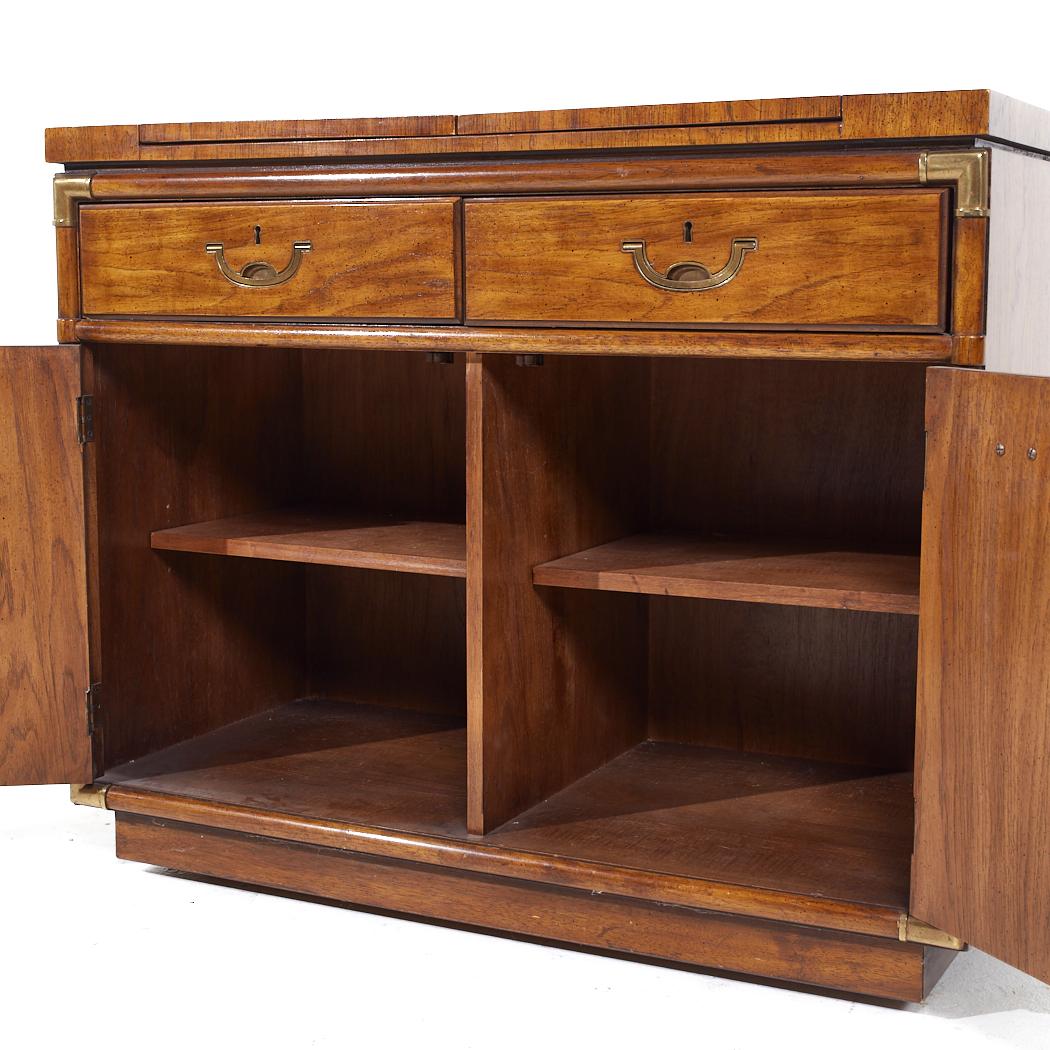 Drexel Campaign Pecan and Brass Rolling Flip Top Buffet For Sale 4