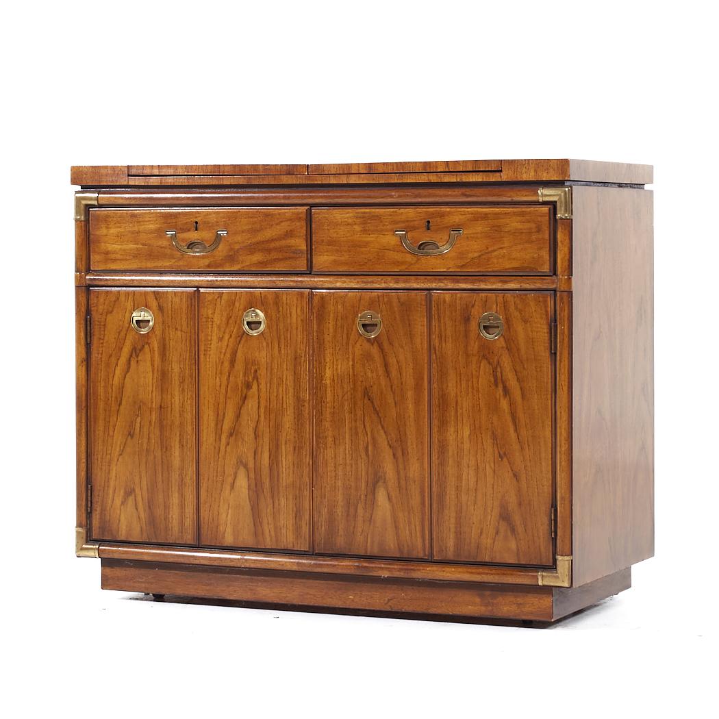 Mid-Century Modern Drexel Campaign Pecan and Brass Rolling Flip Top Buffet For Sale