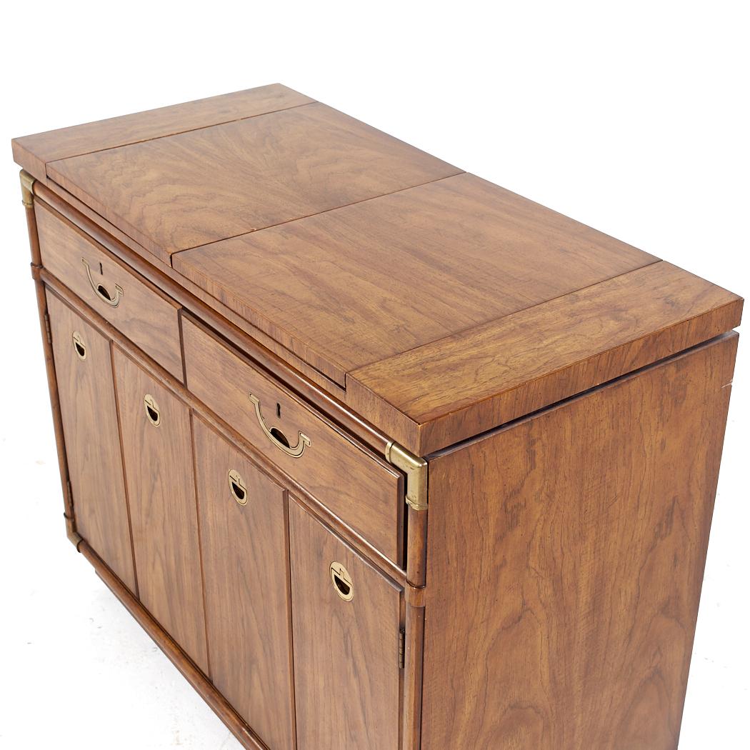 Drexel Campaign Pecan and Brass Rolling Flip Top Buffet For Sale 1