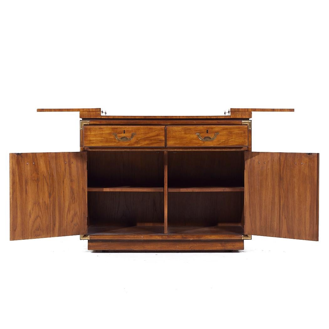 Drexel Campaign Pecan and Brass Rolling Flip Top Buffet For Sale 2