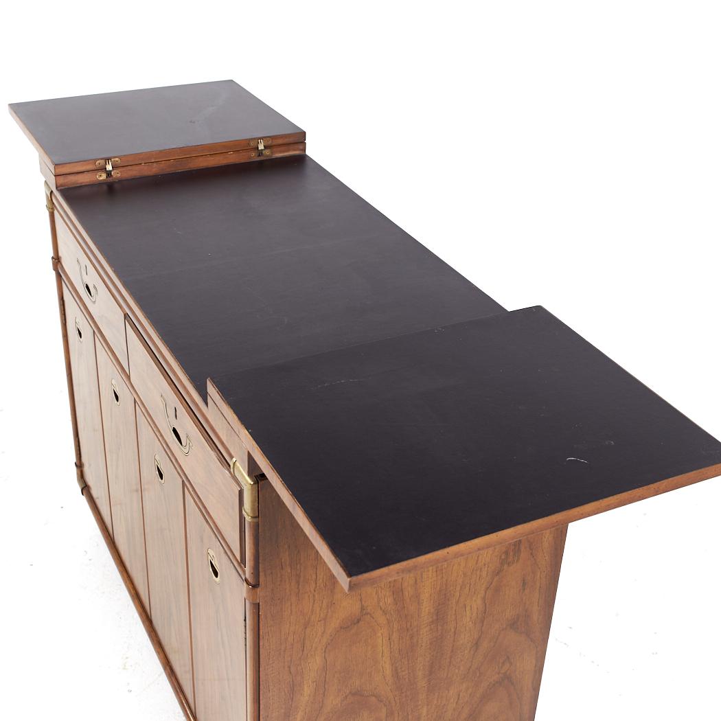 Drexel Campaign Pecan and Brass Rolling Flip Top Buffet For Sale 3