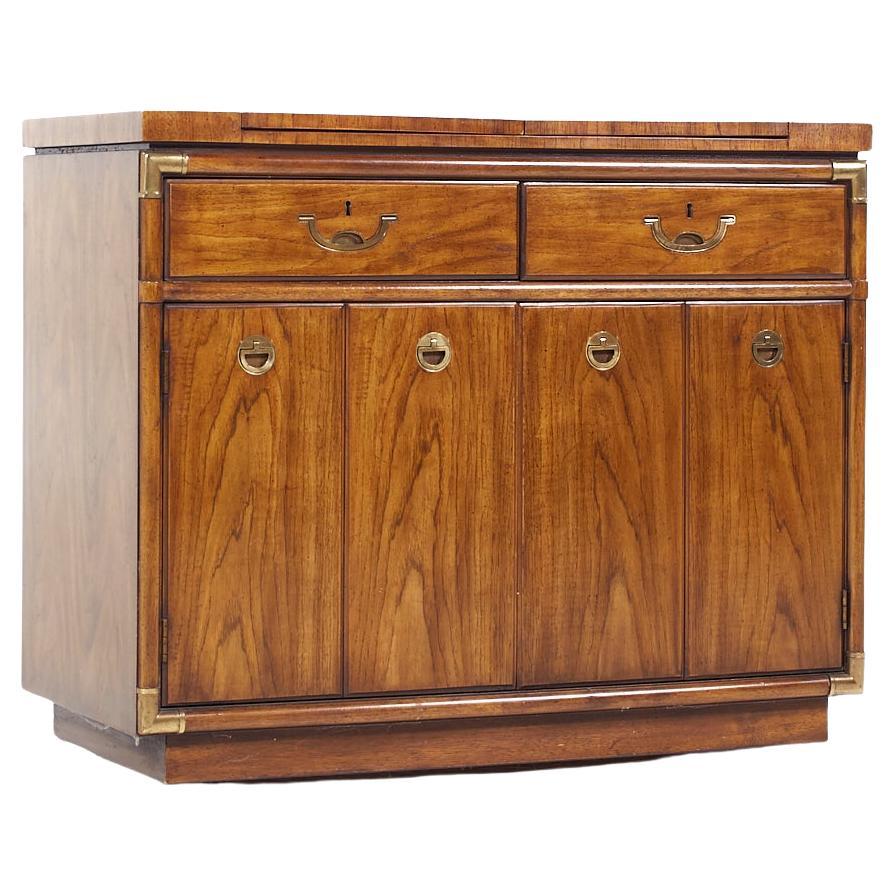 Drexel Campaign Pecan and Brass Rolling Flip Top Buffet For Sale