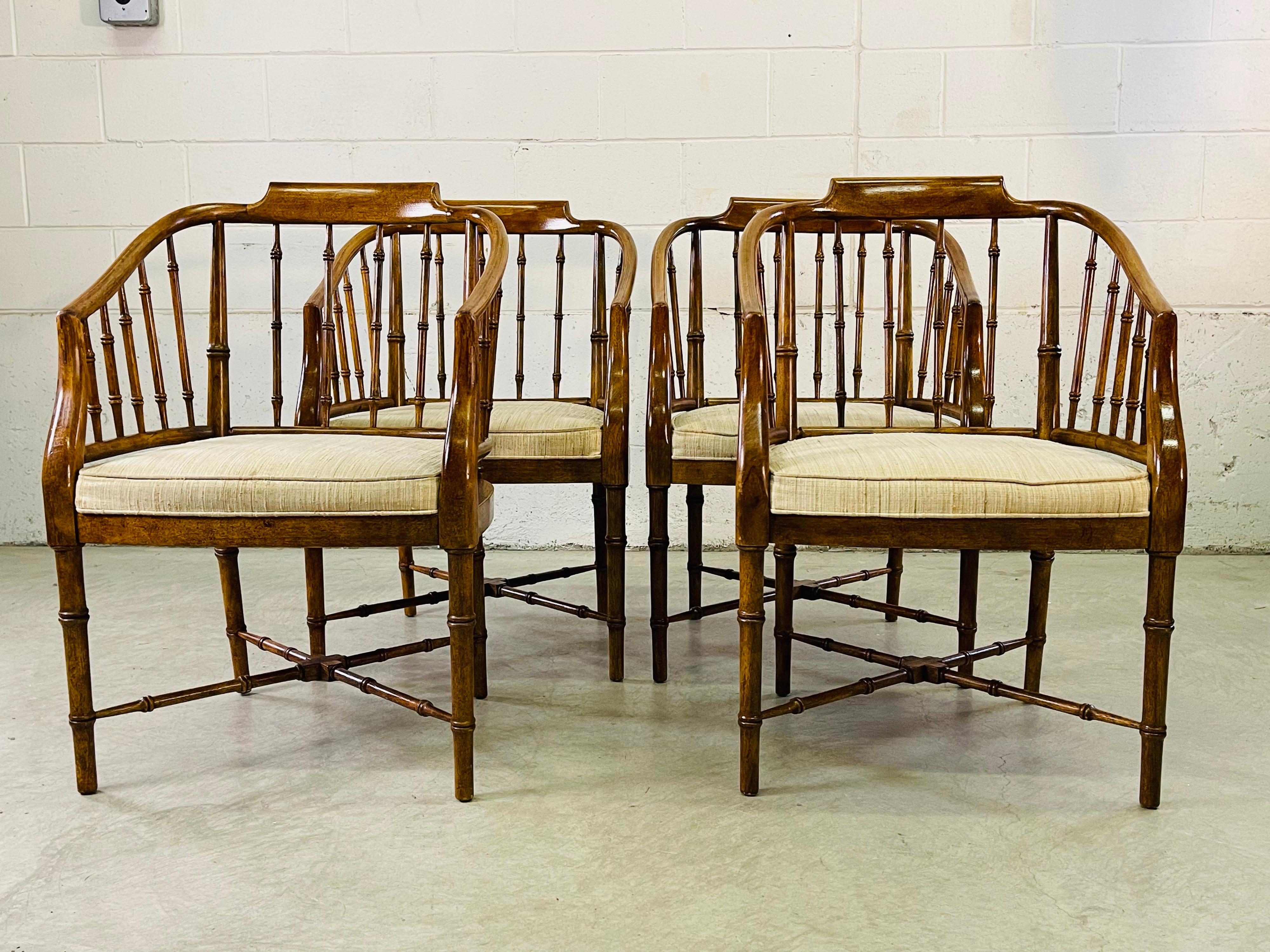 Drexel Campaign Style Dining Room Arm Chairs, Set of 4 In Good Condition For Sale In Amherst, NH