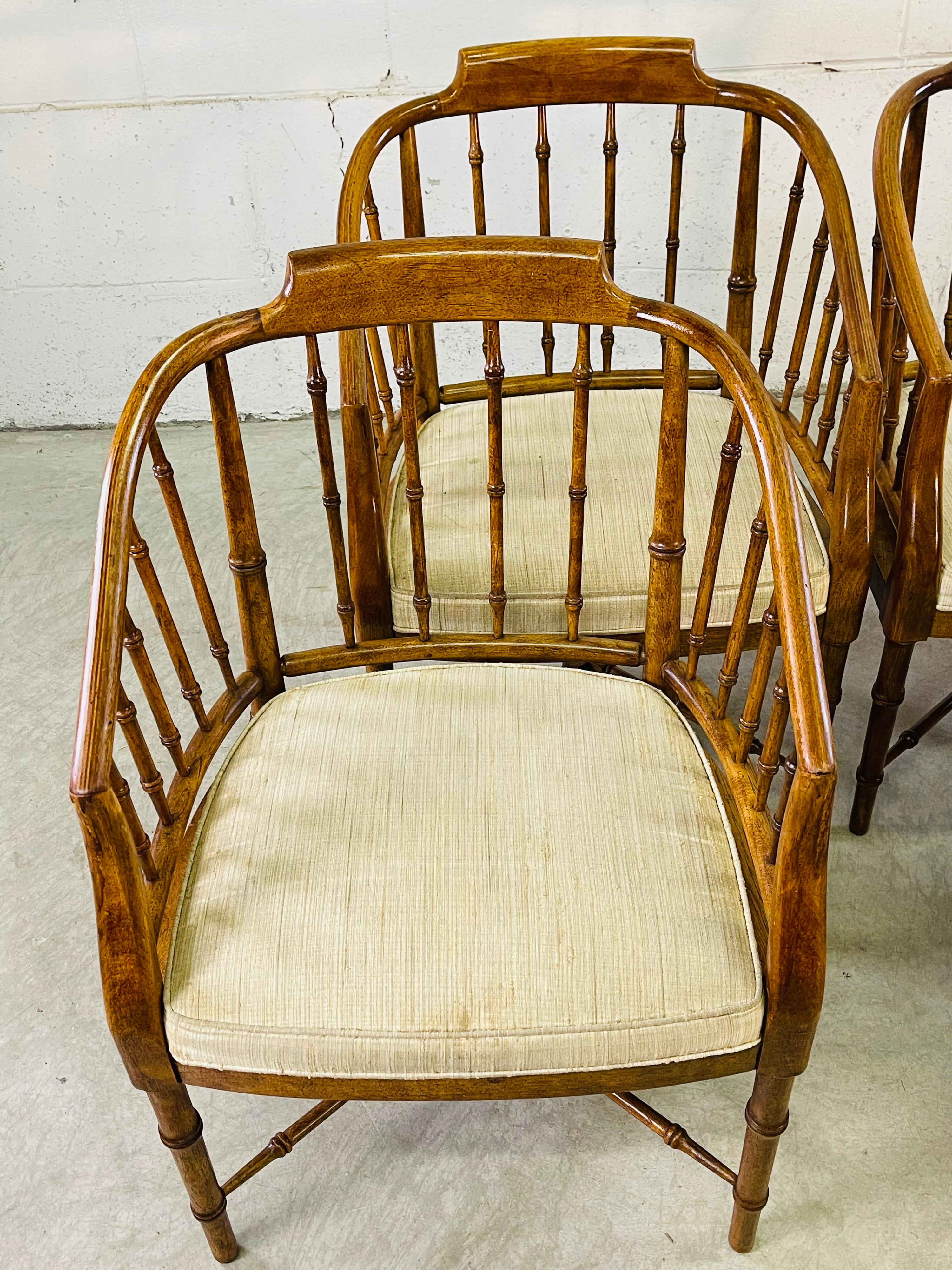 Wood Drexel Campaign Style Dining Room Arm Chairs, Set of 4 For Sale