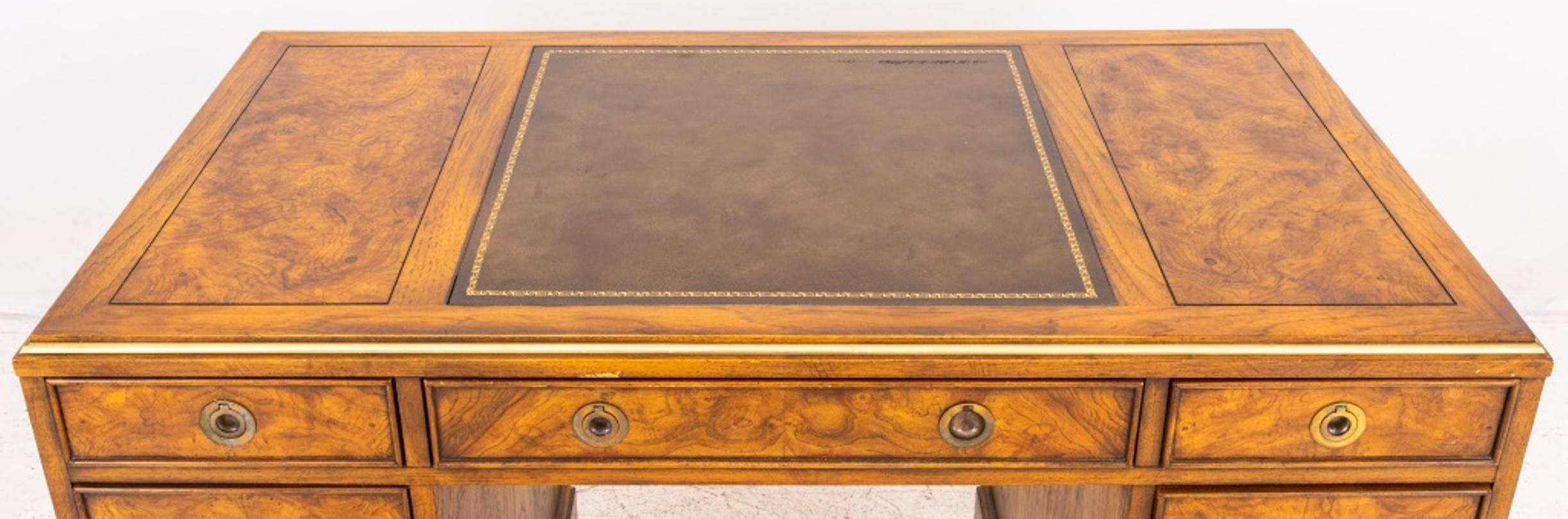 Drexel Campaign style oak desk raised on double pedestal with drawers, gilt metal handles, brown leather embossed writing desk top, 