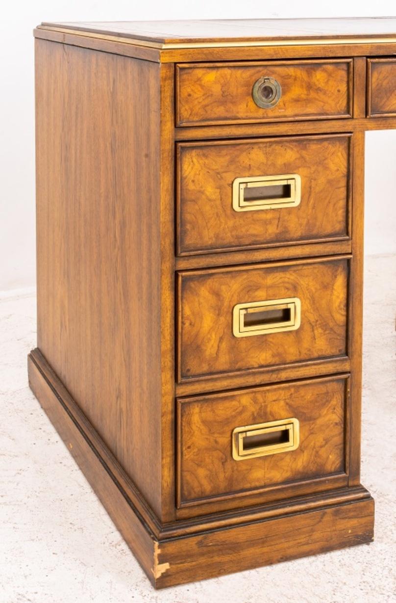 20th Century Drexel Campaign Style Oak Double Pedestal Desk For Sale