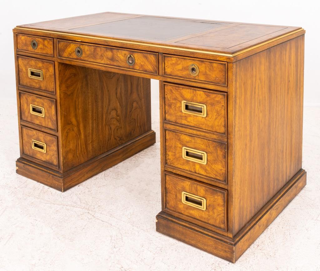 Leather Drexel Campaign Style Oak Double Pedestal Desk For Sale