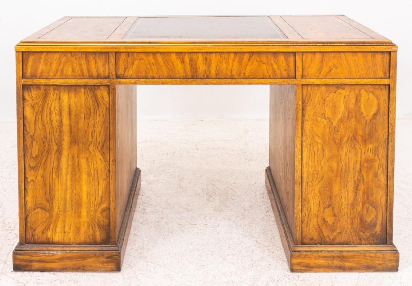 Drexel Campaign Style Oak Double Pedestal Desk For Sale 2