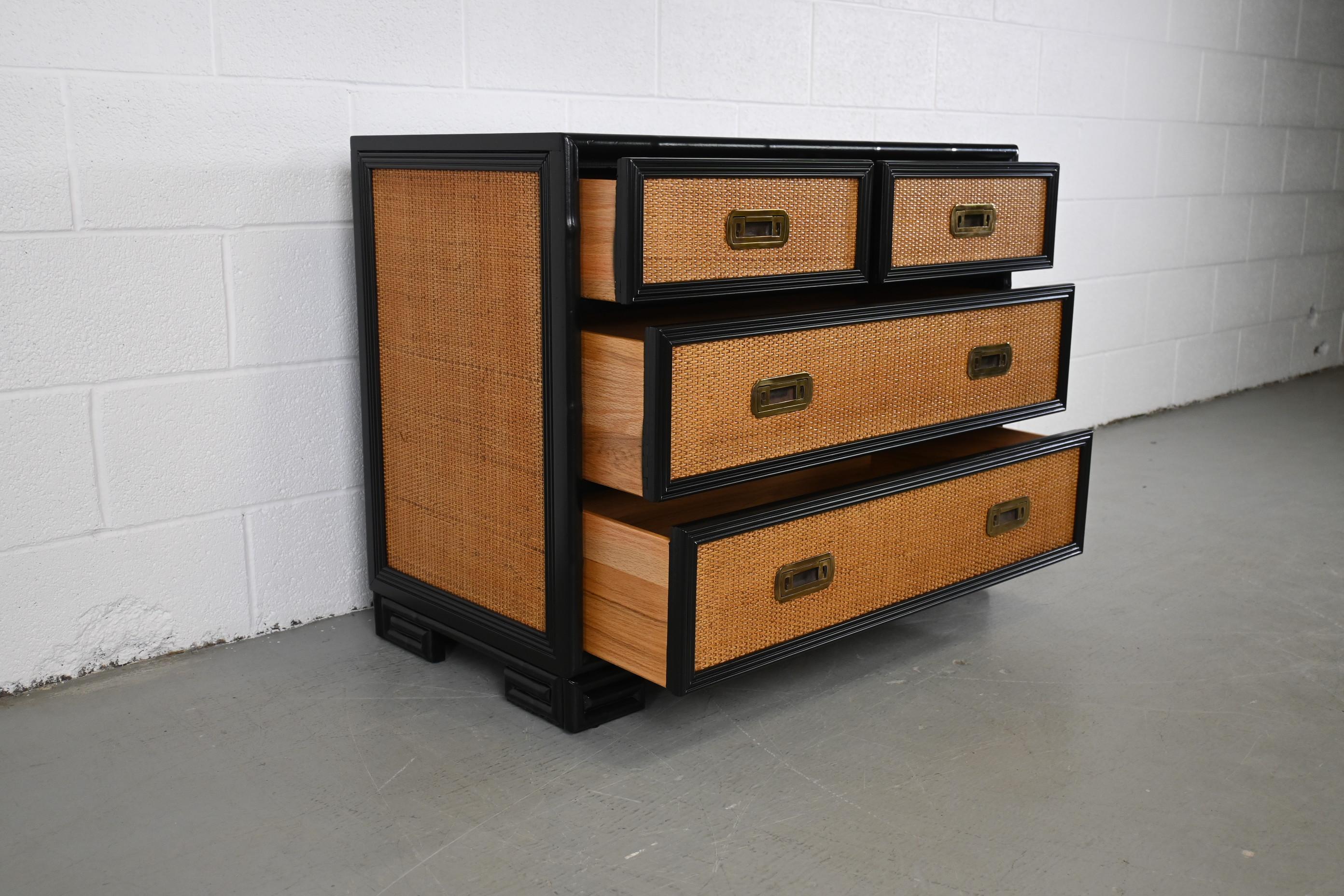 Drexel Captiva Mid-Century Modern Rattan Black Lacquered Chest of Drawers For Sale 3
