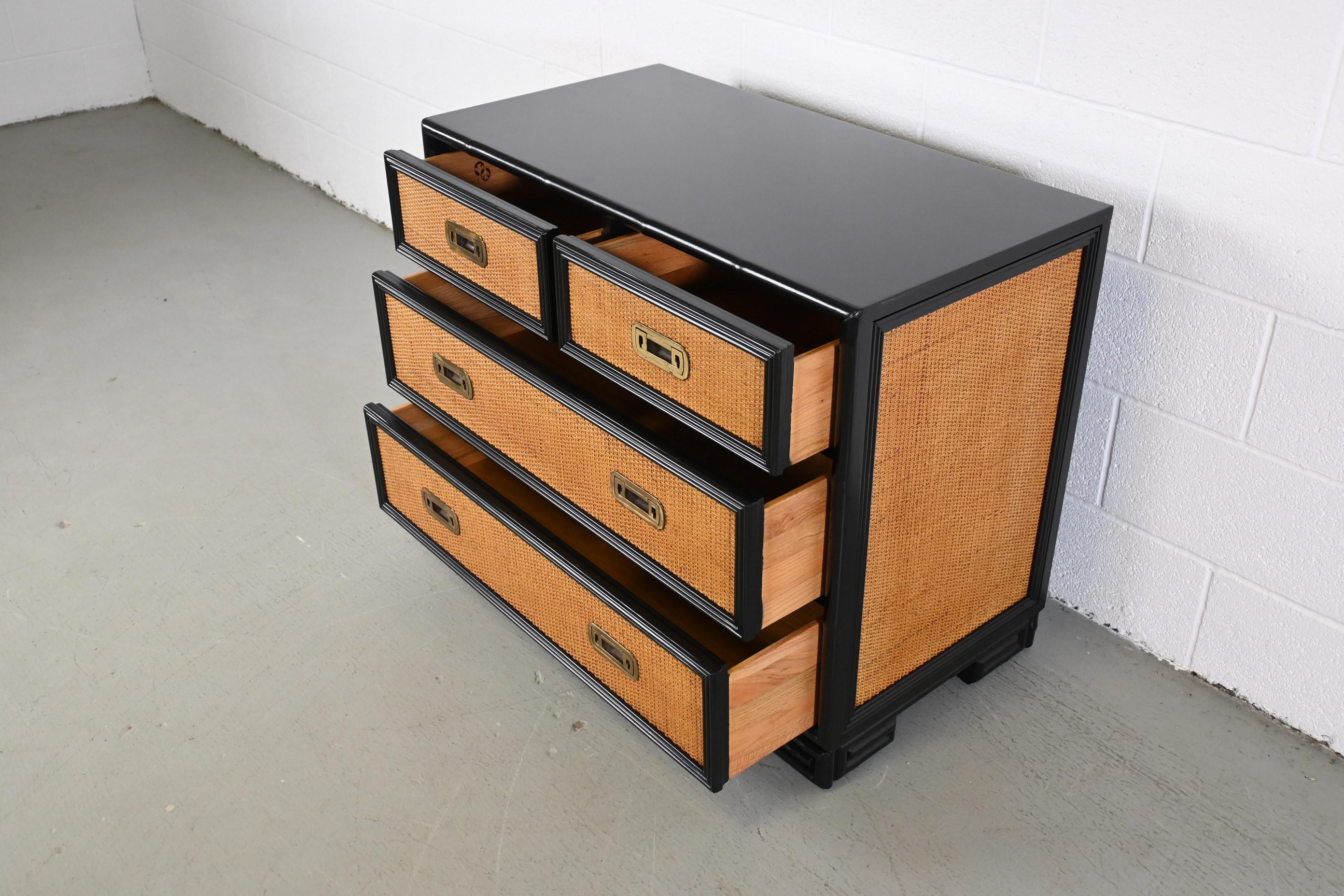 Drexel Captiva Mid-Century Modern Rattan Black Lacquered Chest of Drawers For Sale 4
