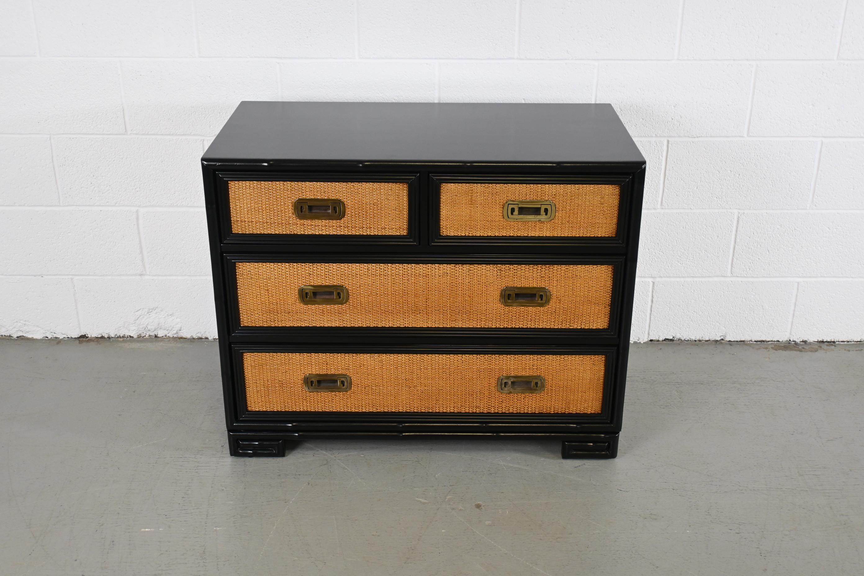 American Drexel Captiva Mid-Century Modern Rattan Black Lacquered Chest of Drawers For Sale