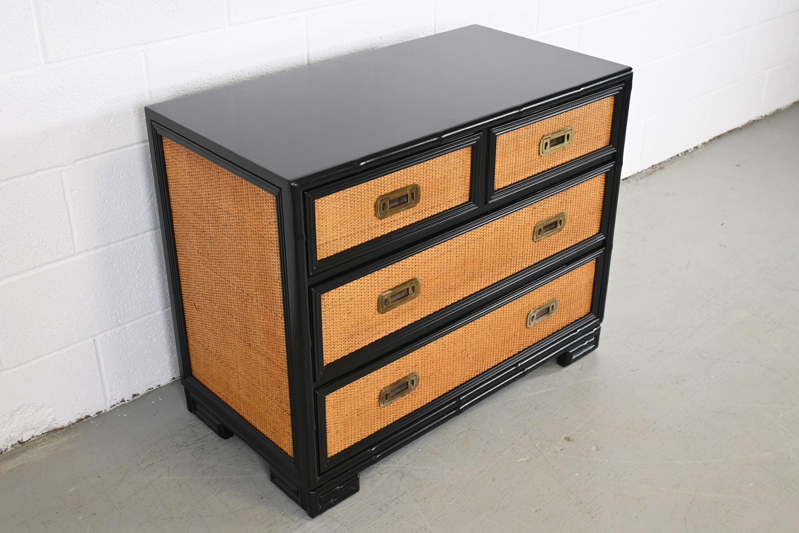 Drexel Captiva Mid-Century Modern Rattan Black Lacquered Chest of Drawers In Excellent Condition For Sale In Morgan, UT