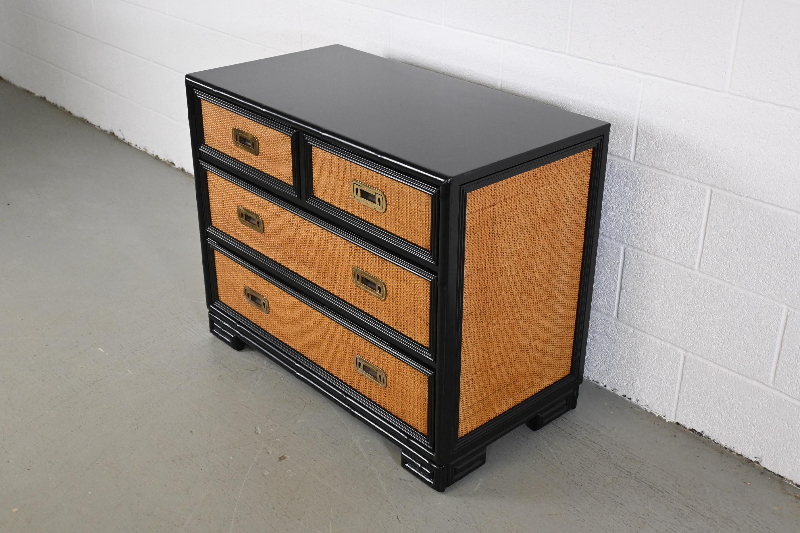 Late 20th Century Drexel Captiva Mid-Century Modern Rattan Black Lacquered Chest of Drawers For Sale