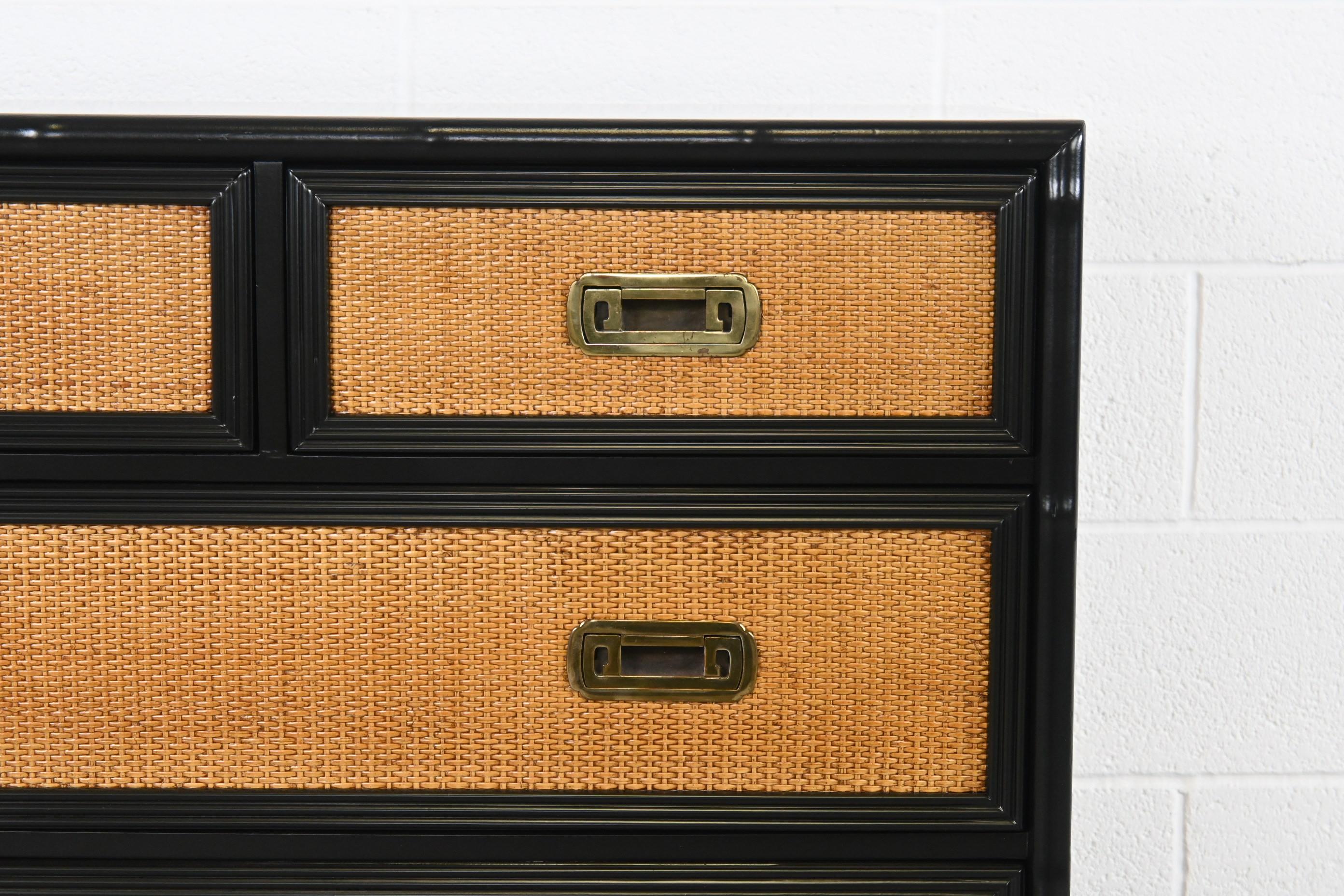Drexel Captiva Mid-Century Modern Rattan Black Lacquered Chest of Drawers For Sale 1