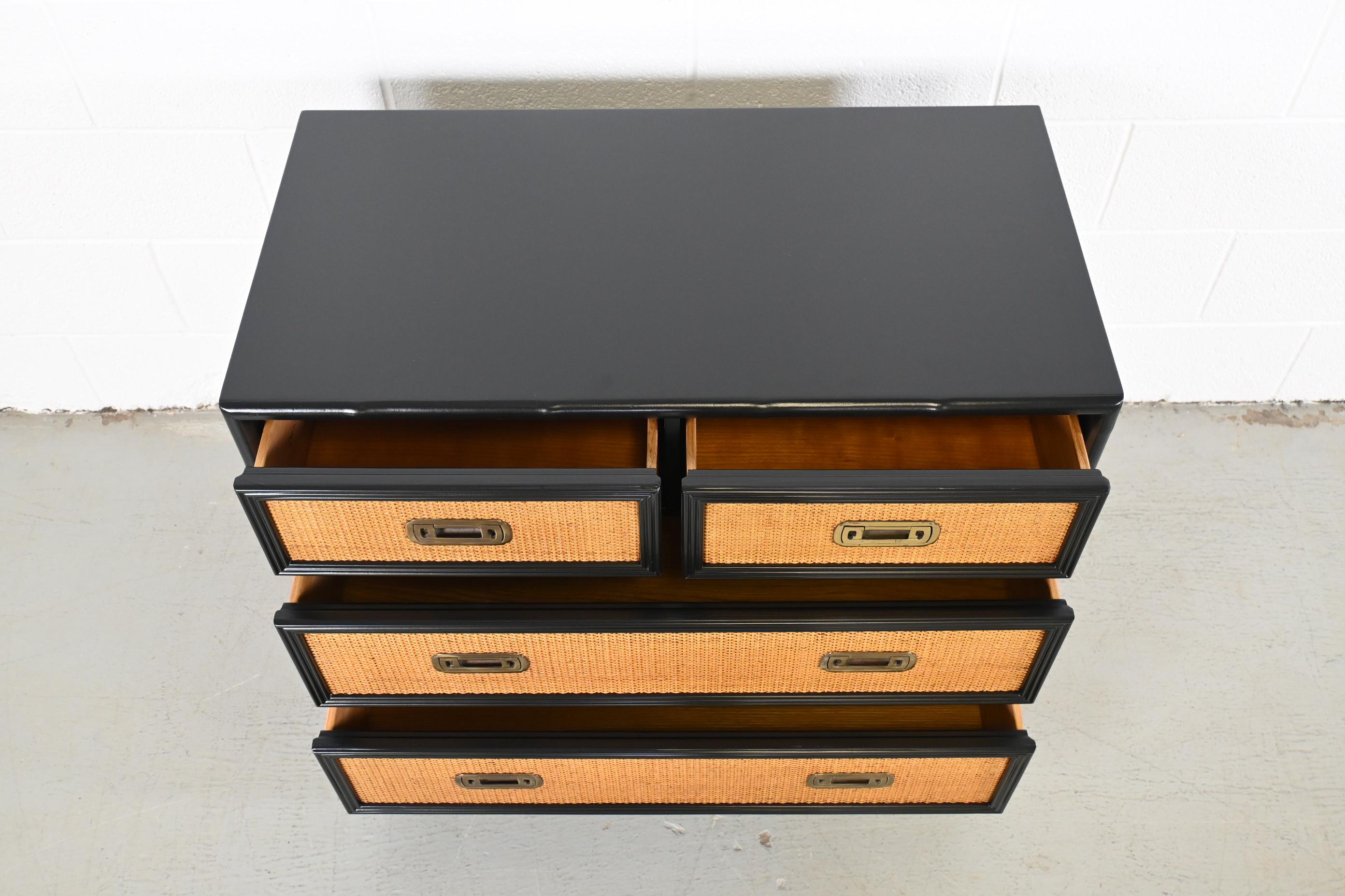 Drexel Captiva Mid-Century Modern Rattan Black Lacquered Chest of Drawers For Sale 2