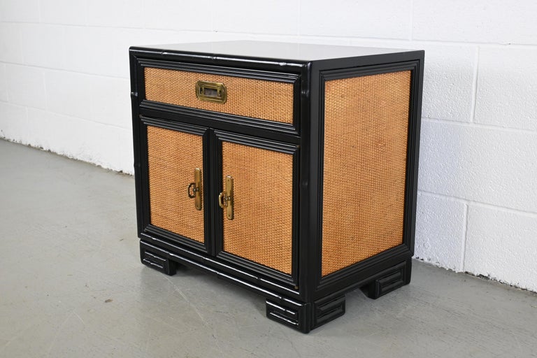 American Drexel Captiva Mid-Century Modern Rattan Black Lacquered Nightstand For Sale