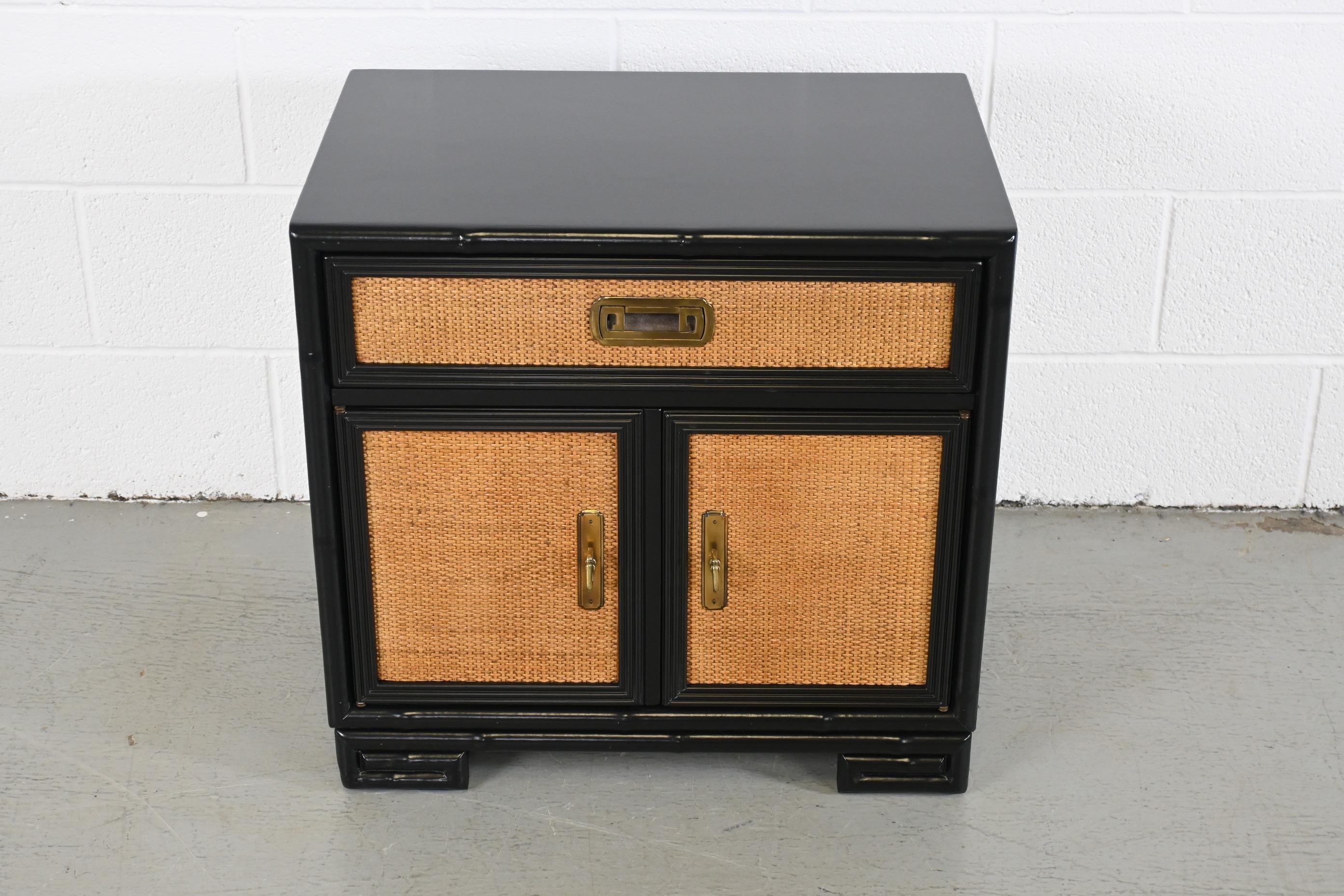 Drexel Captiva Mid-Century Modern Rattan Black Lacquered Nightstand In Excellent Condition For Sale In Morgan, UT