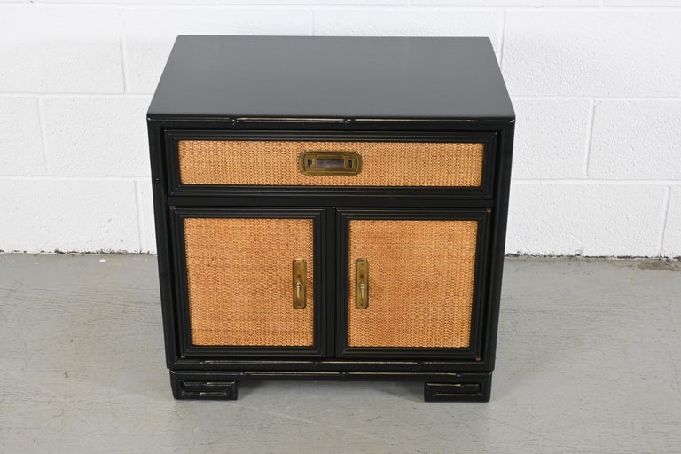 Late 20th Century Drexel Captiva Mid-Century Modern Rattan Black Lacquered Nightstand For Sale