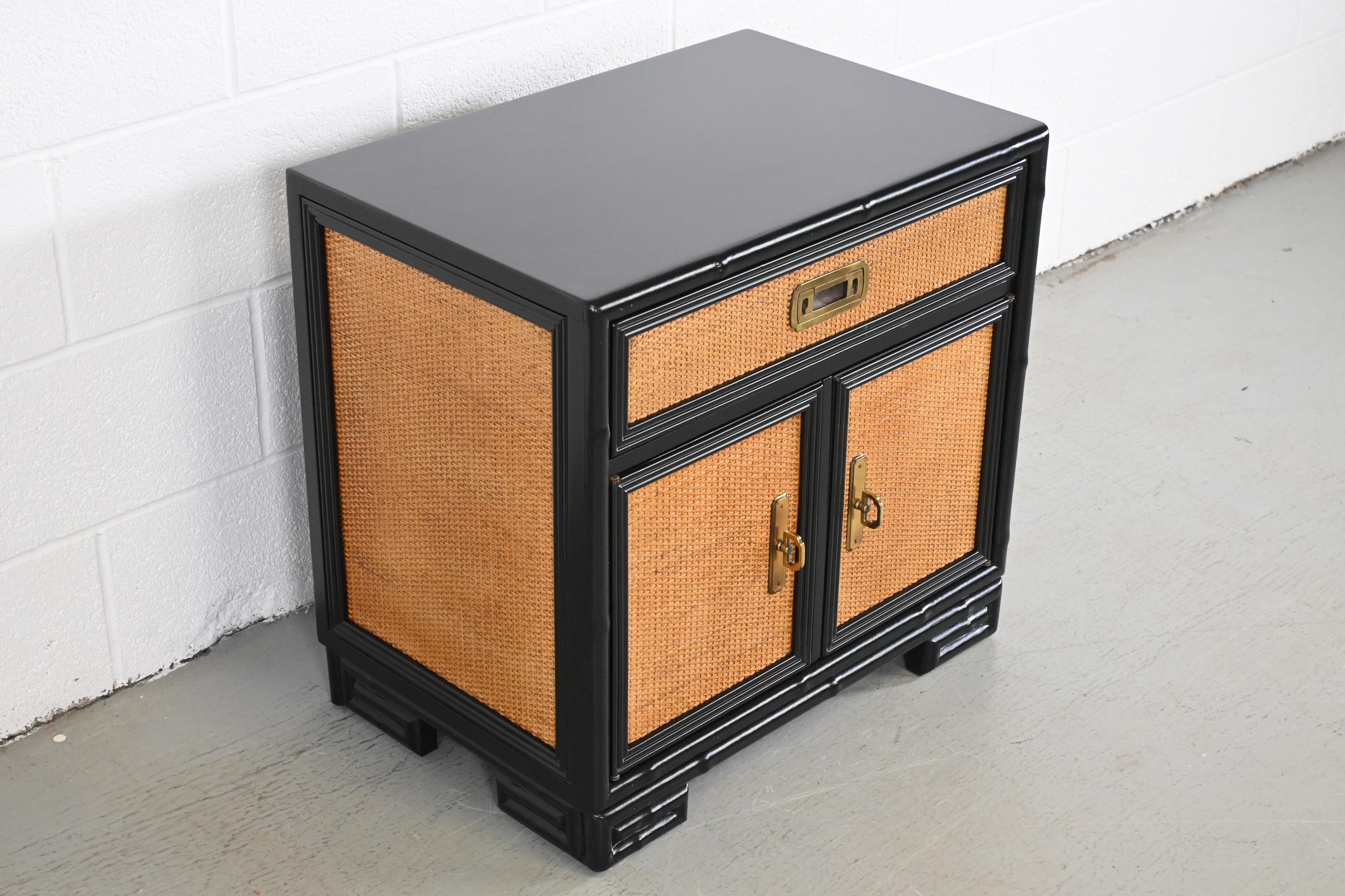 Late 20th Century Drexel Captiva Mid-Century Modern Rattan Black Lacquered Nightstand For Sale