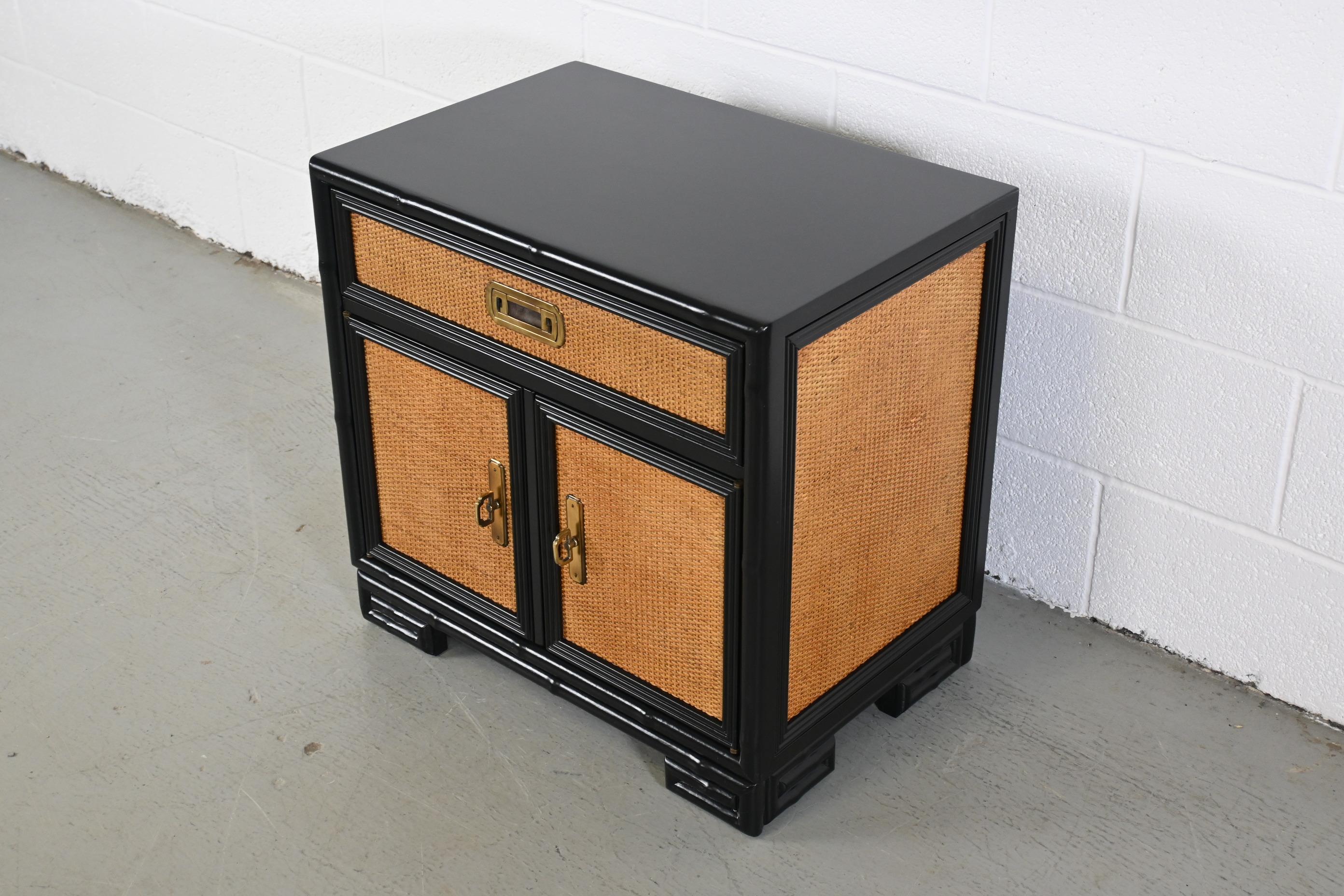 Drexel Captiva Mid-Century Modern Rattan Black Lacquered Nightstand For Sale 1