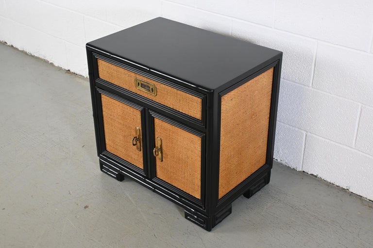 Drexel Captiva Mid-Century Modern Rattan Black Lacquered Nightstand For Sale 2