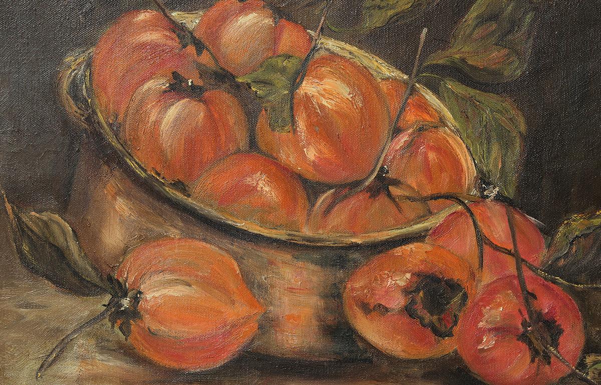 Warm Toned Realistic Interior Still Life of Freshly Picked Persimmons  For Sale 3