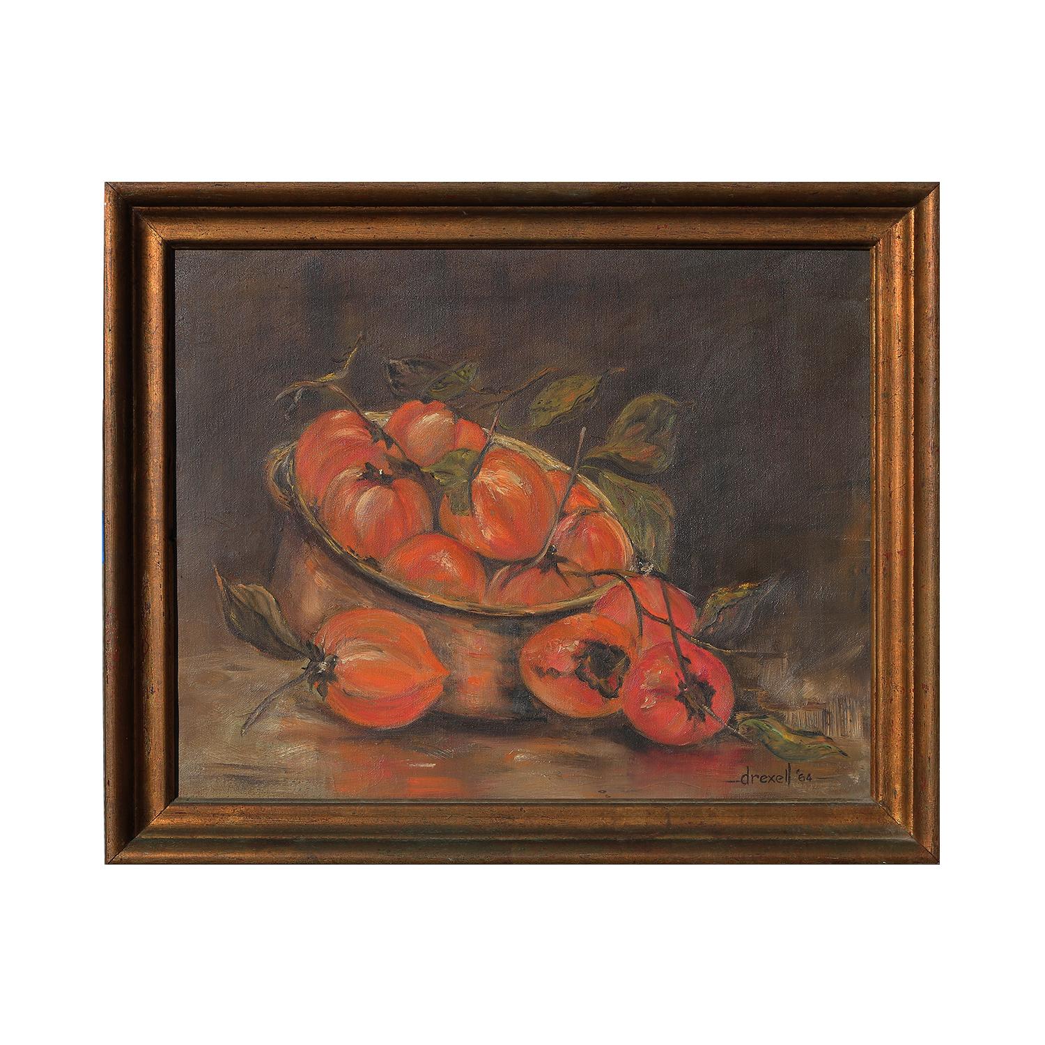 Warm Toned Realistic Interior Still Life of Freshly Picked Persimmons  - Painting by Drexel Caraway McNay