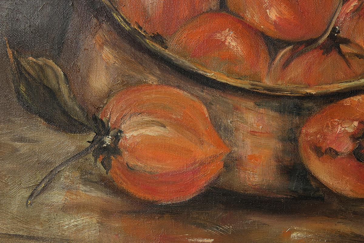 Realistic still life painting of persimmons by Texas artist Drexel Caraway McNay (1910-1989). The work features a bowl overflowing with persimmons set against a dark background. Signed and dated by artist in front lower right corner.

Dimensions