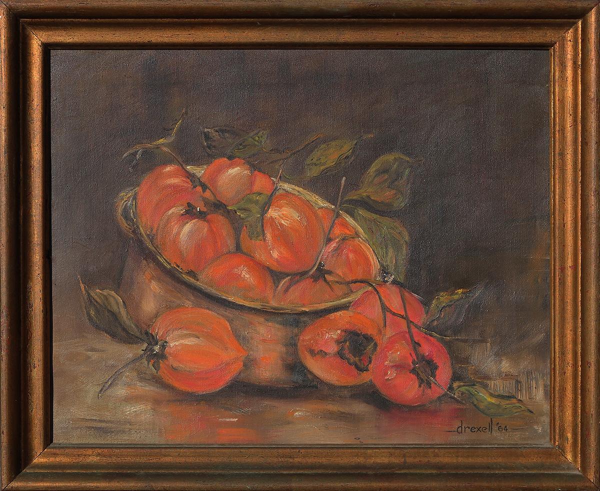 Drexel Caraway McNay Interior Painting - Warm Toned Realistic Interior Still Life of Freshly Picked Persimmons 