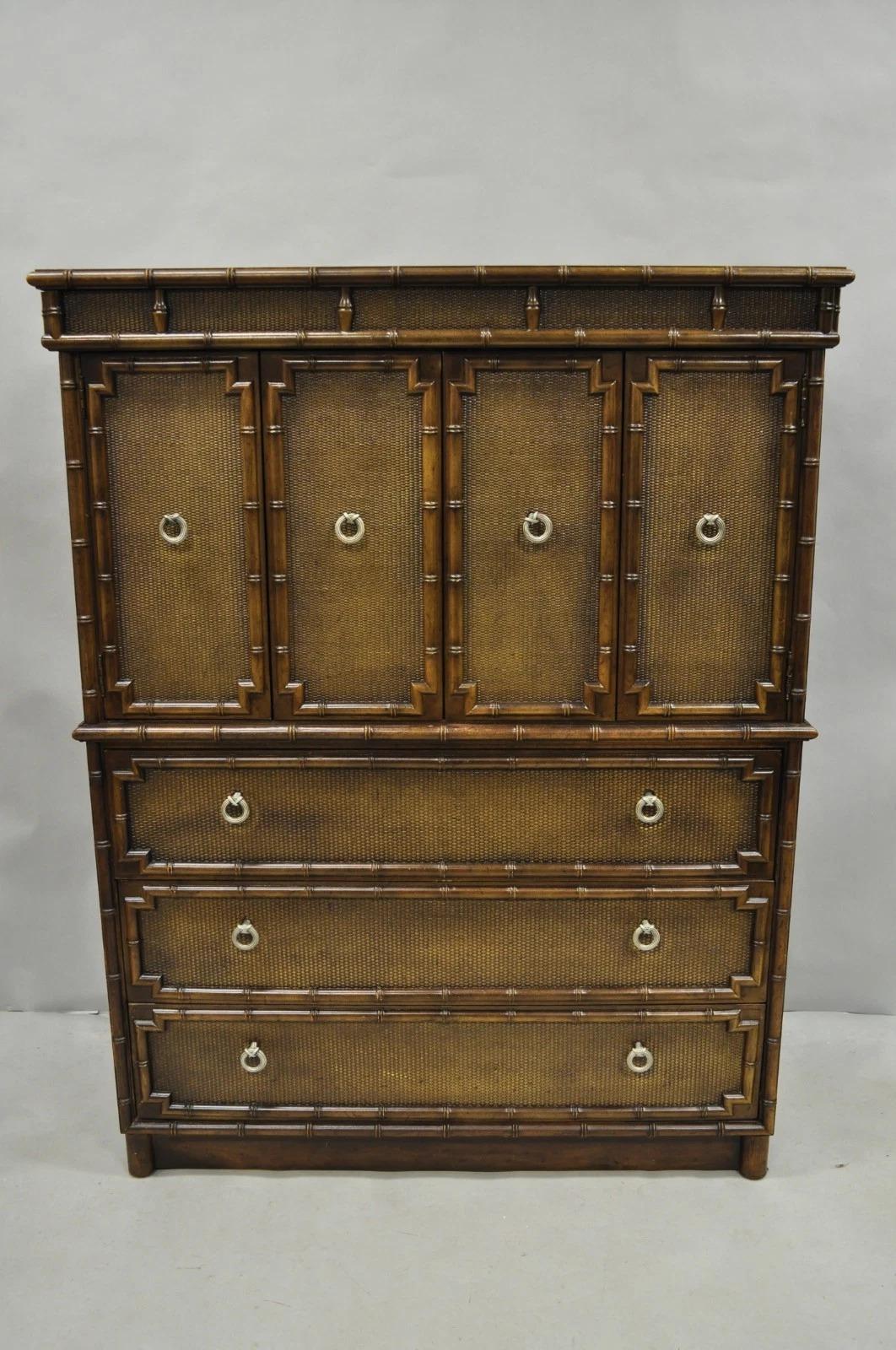 Drexel Commode Chinoise Chippendale Faux Bambou Fretwork Rattan Tall Chest Dresser en vente 6