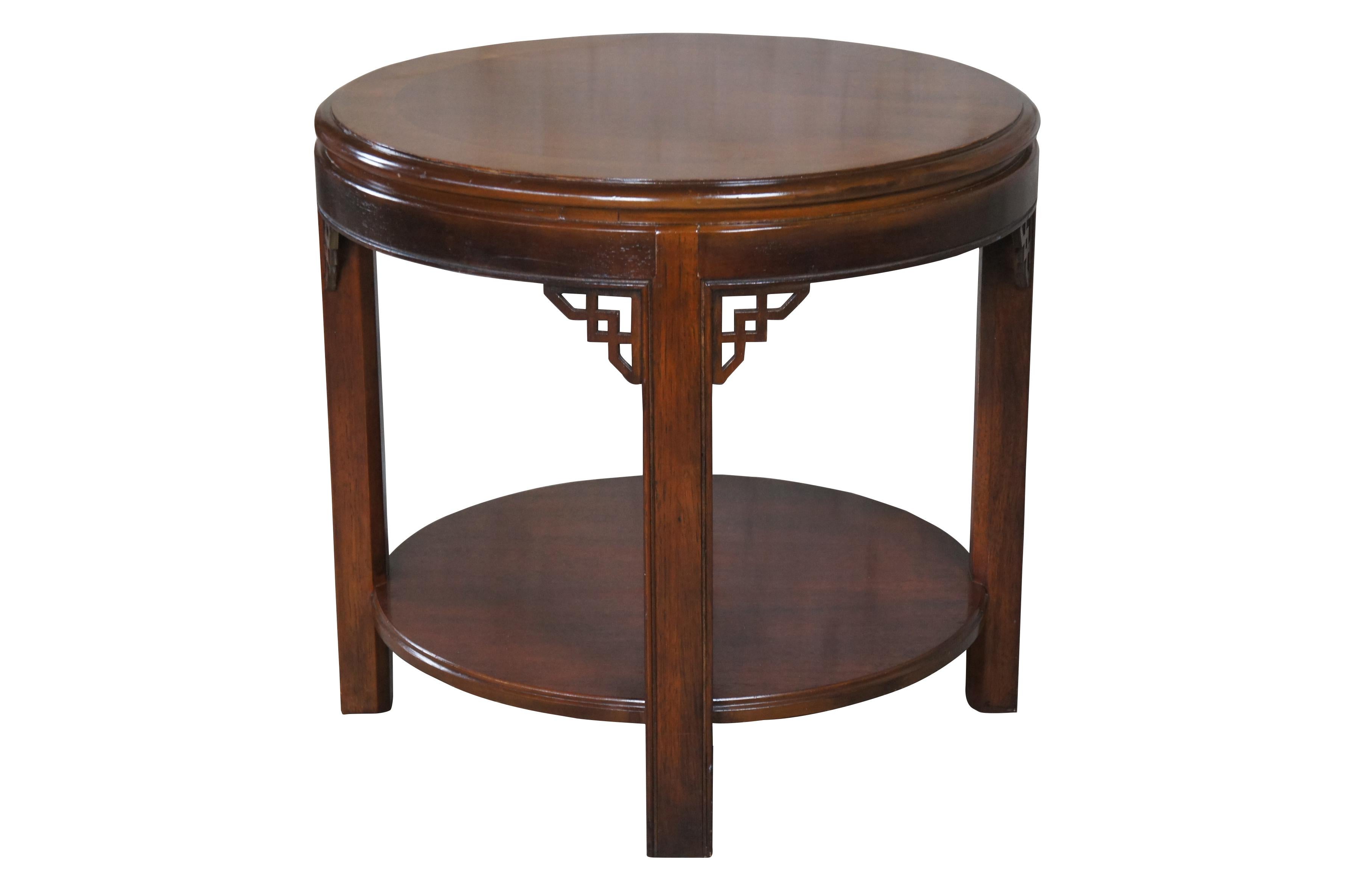 Drexel Chinese Chippendale Mahogany Tiered Round Accent Table w Fretwork 24
