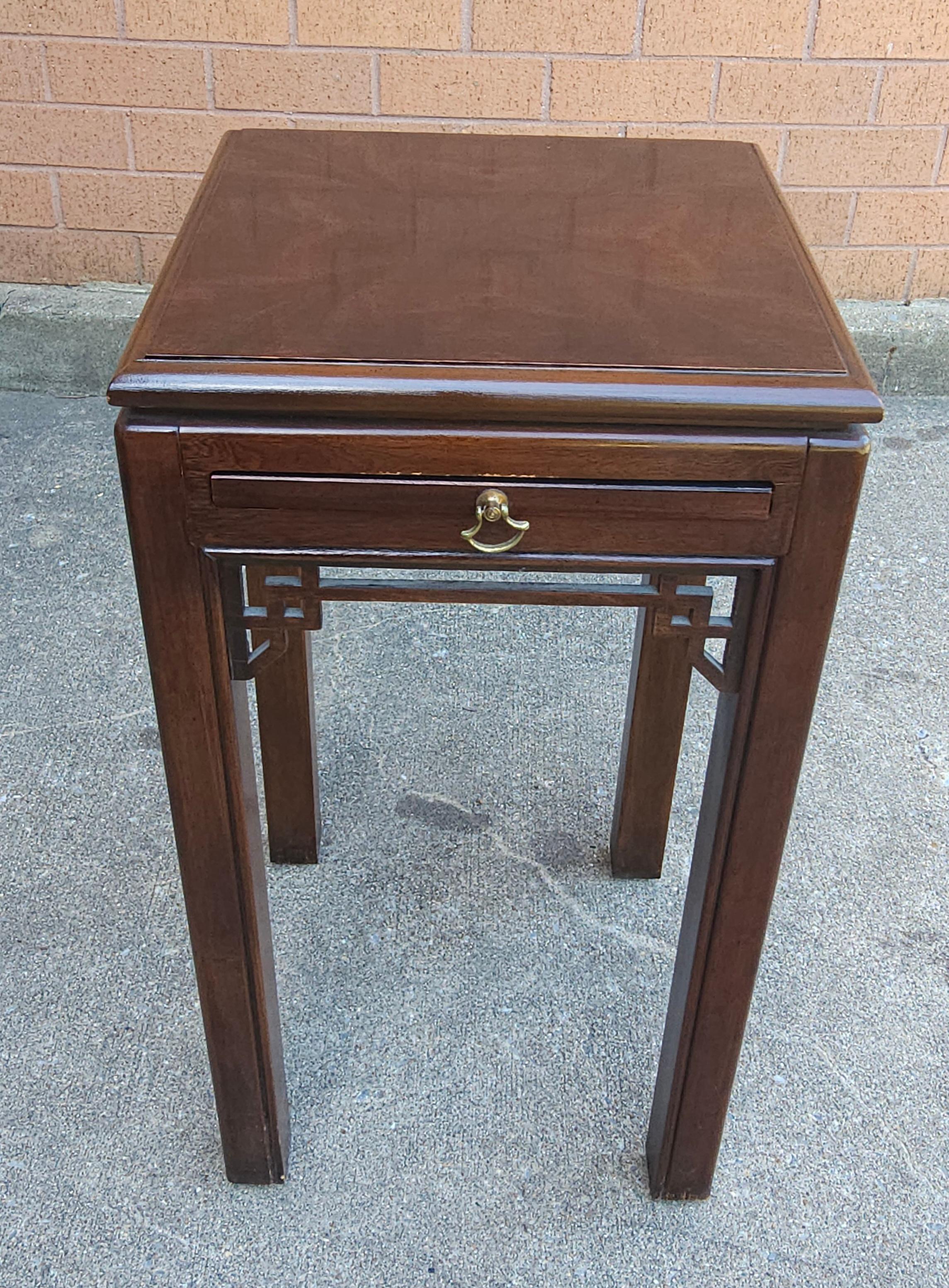 A Drexel Chinese Chippendale Style Mahogany Candle Stand Side Table with pull out tray. Measures 13