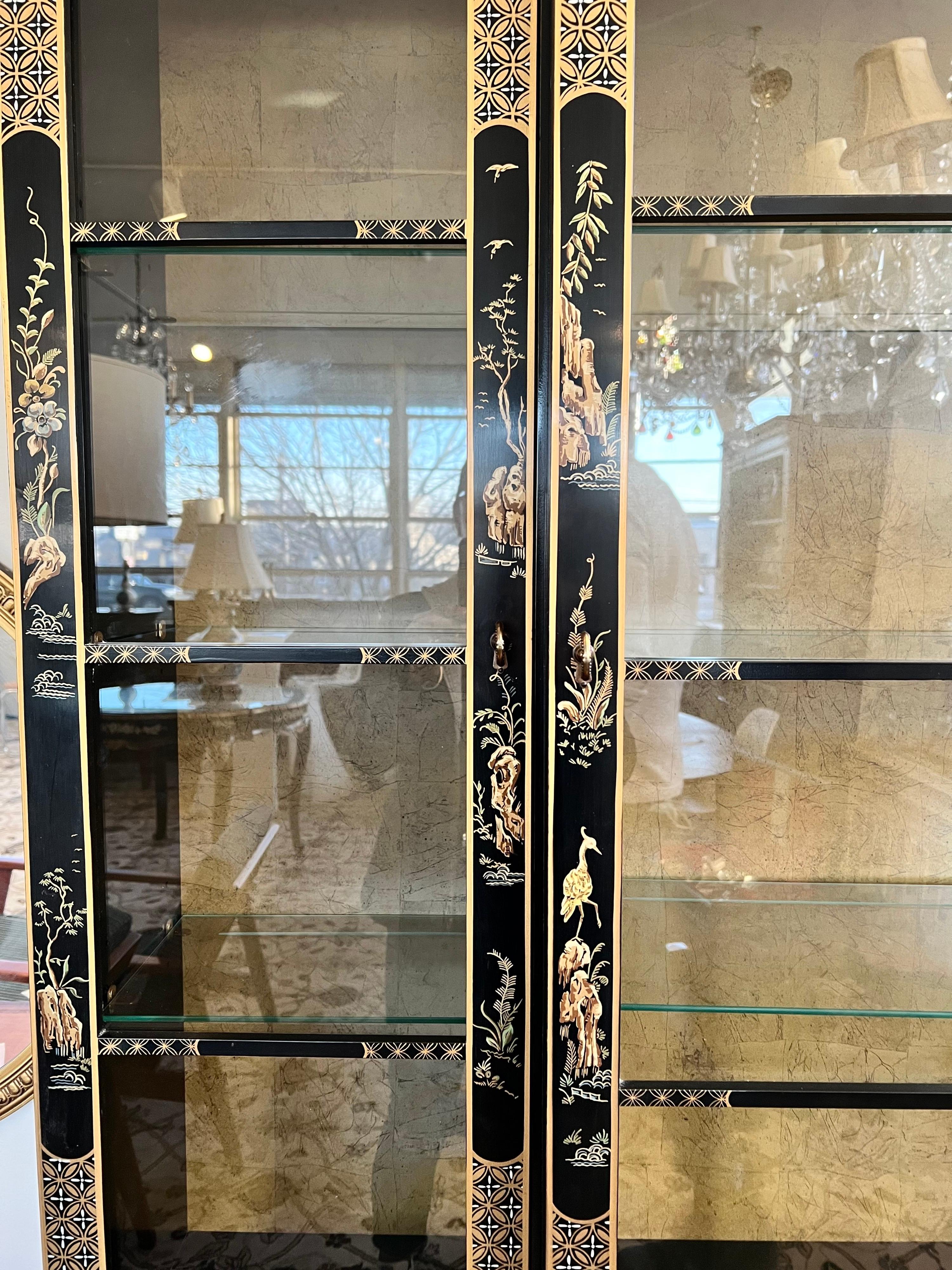 Drexel Chinoiserie Black Lacquered and Gold Lighted China Display Cabinet 4