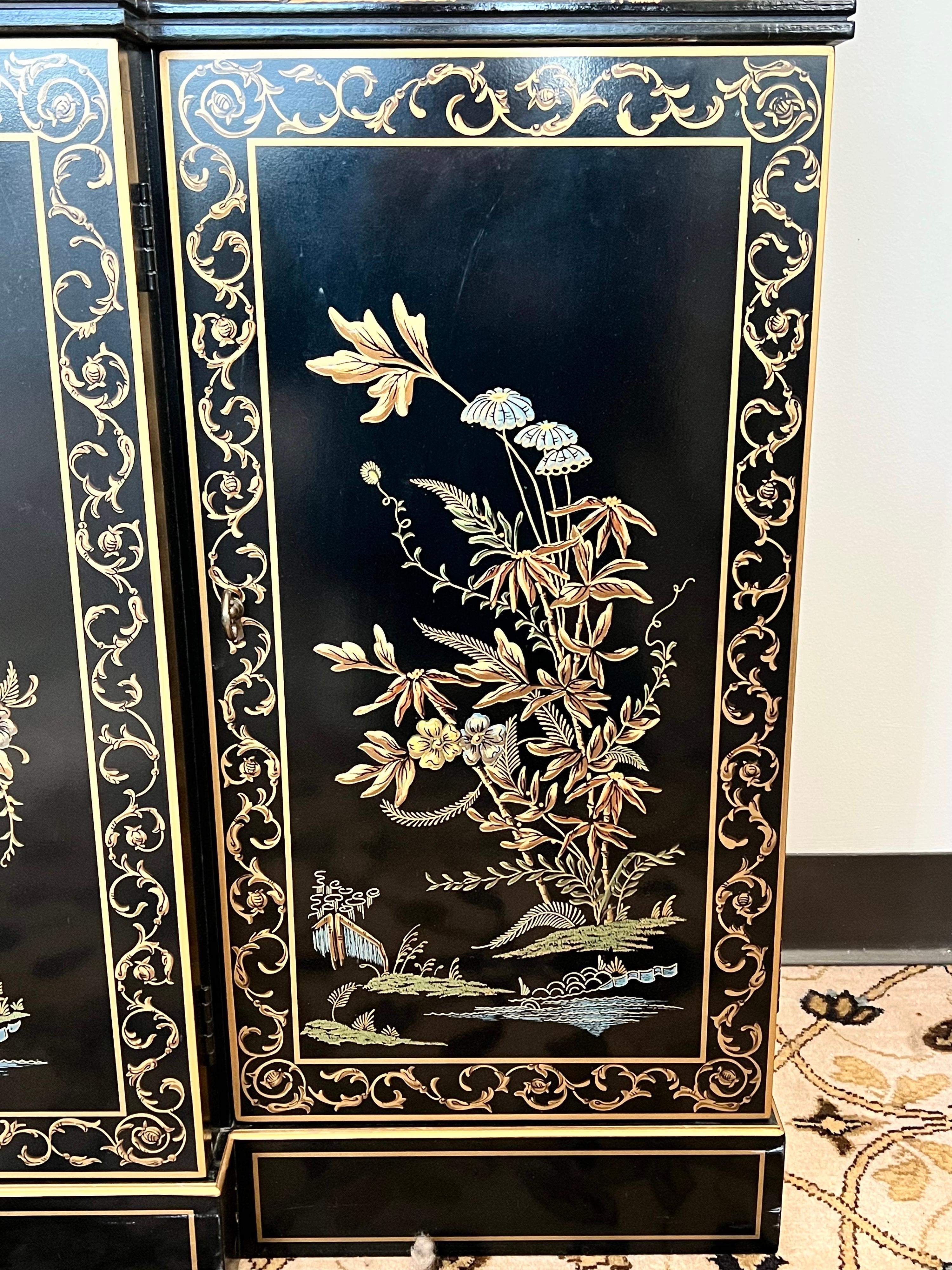 Mid-Century Modern Drexel Chinoiserie Black Lacquered and Gold Lighted China Display Cabinet