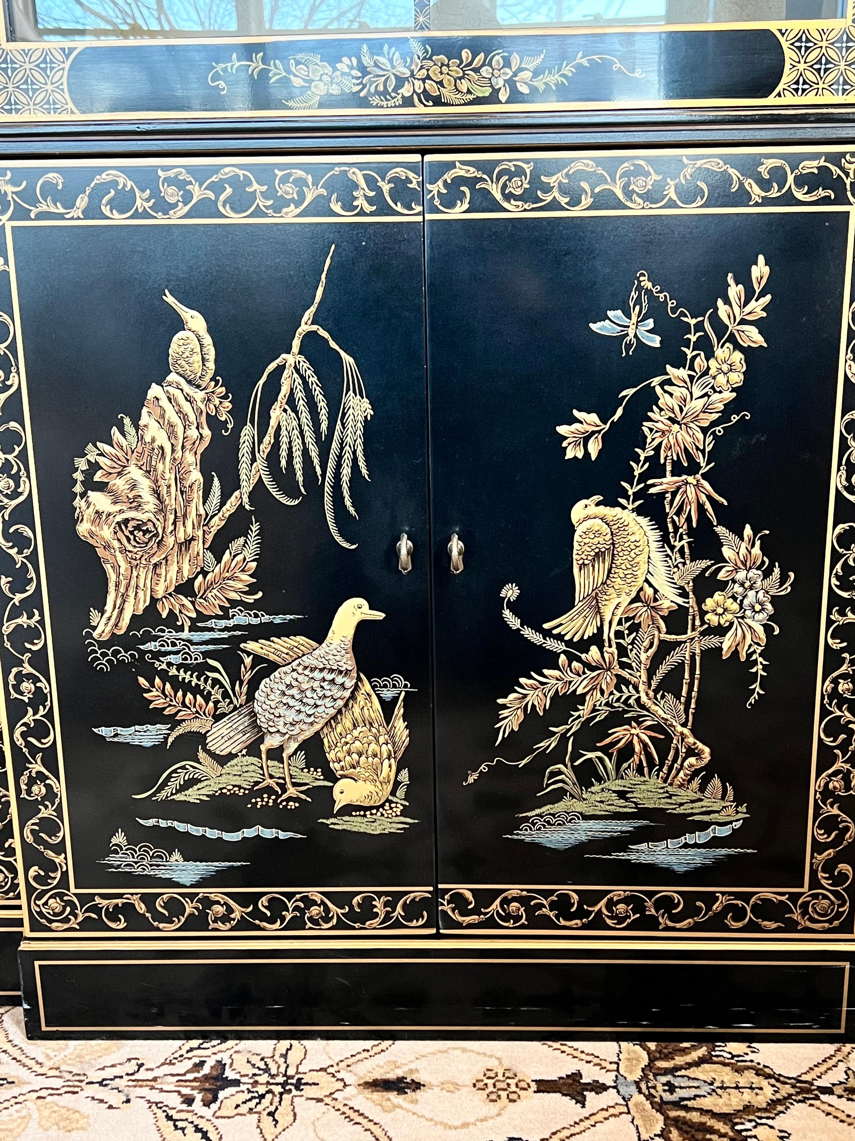 Late 20th Century Drexel Chinoiserie Black Lacquered and Gold Lighted China Display Cabinet