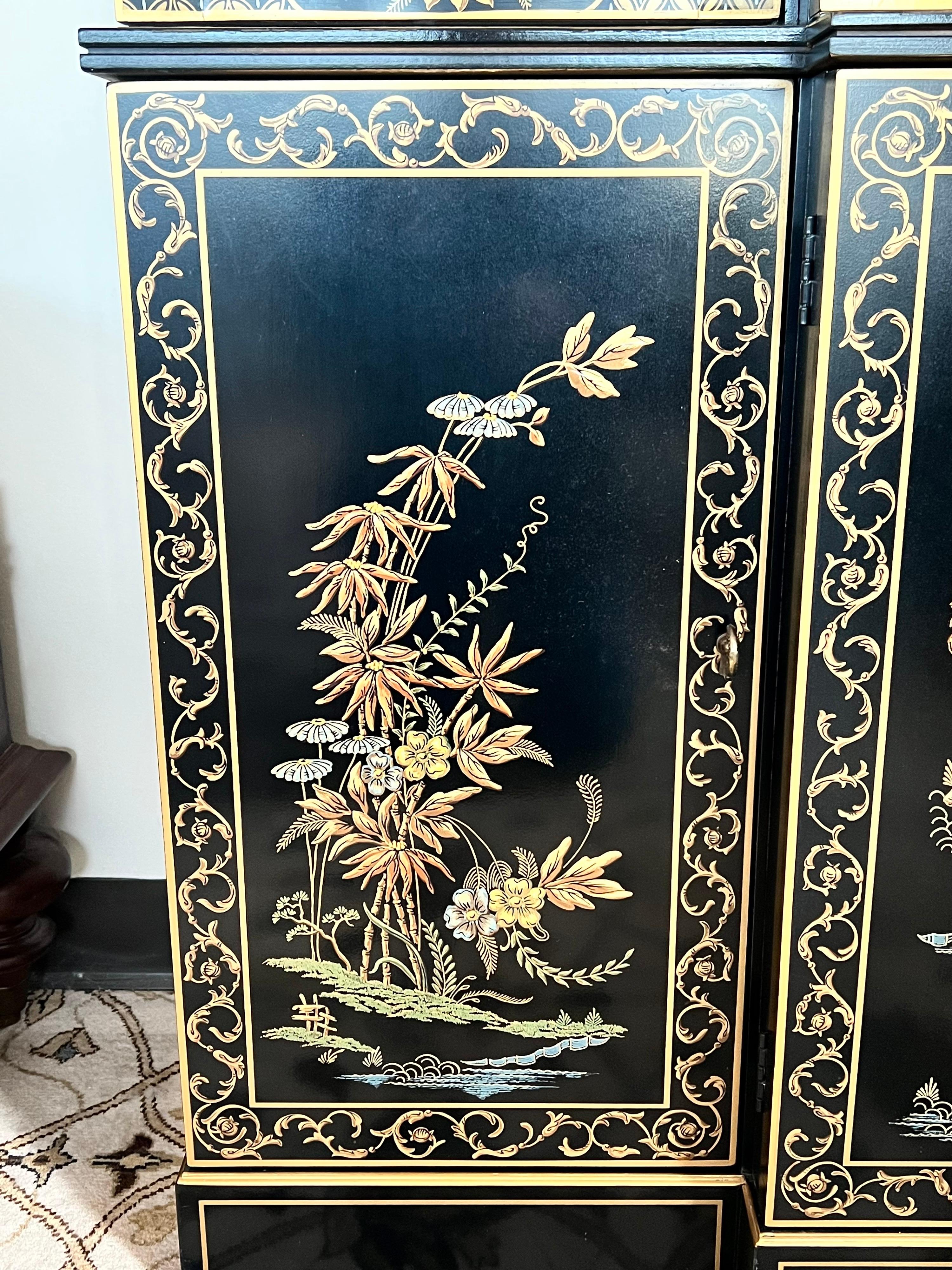 Wood Drexel Chinoiserie Black Lacquered and Gold Lighted China Display Cabinet