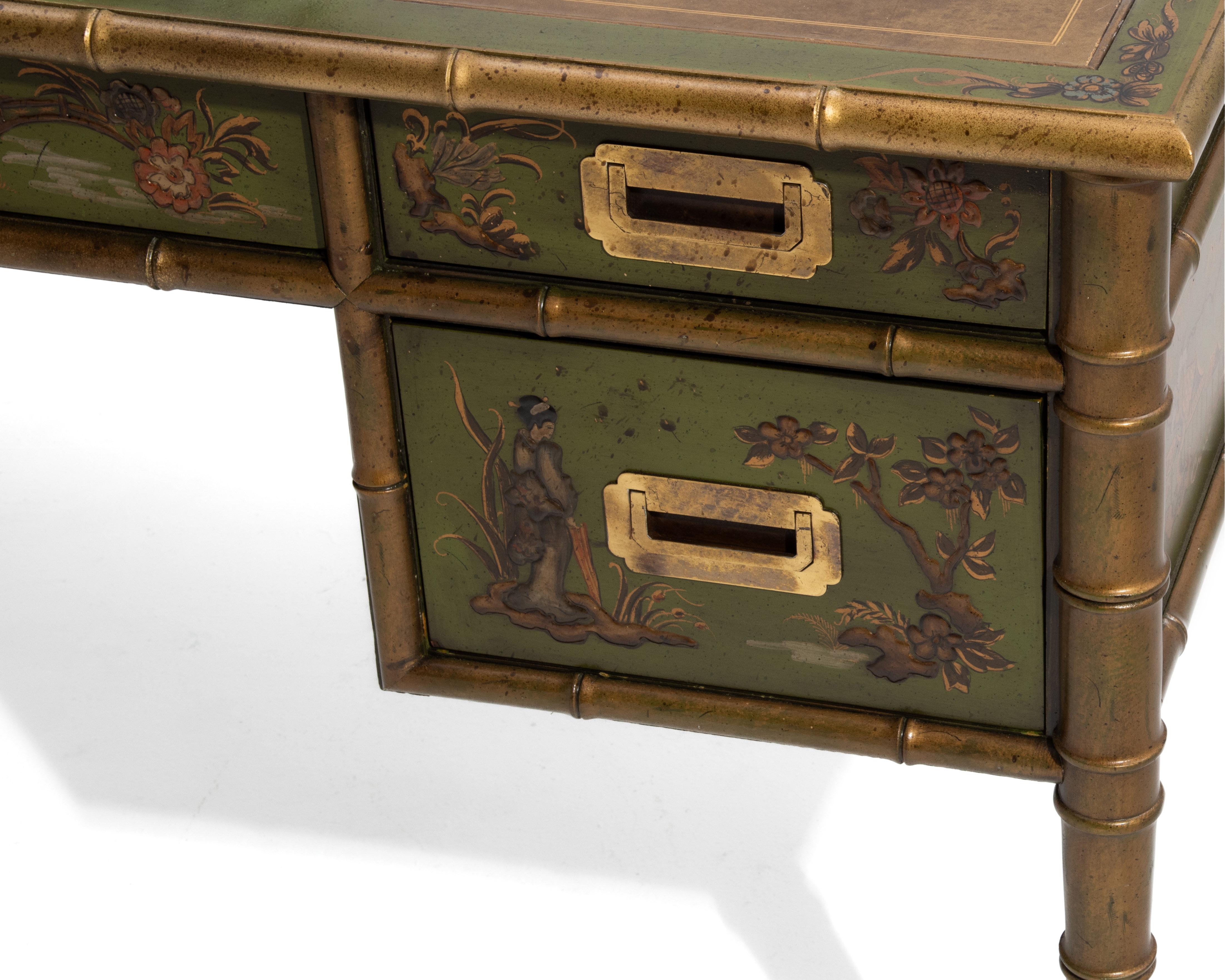 Drexel Chinoiserie Executive Campaigner Desk Ottone Pelle Finto Bambù in vendita 12