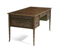 Drexel Chinoiserie Executive Campaign Desk Brass Leather Faux Bamboo