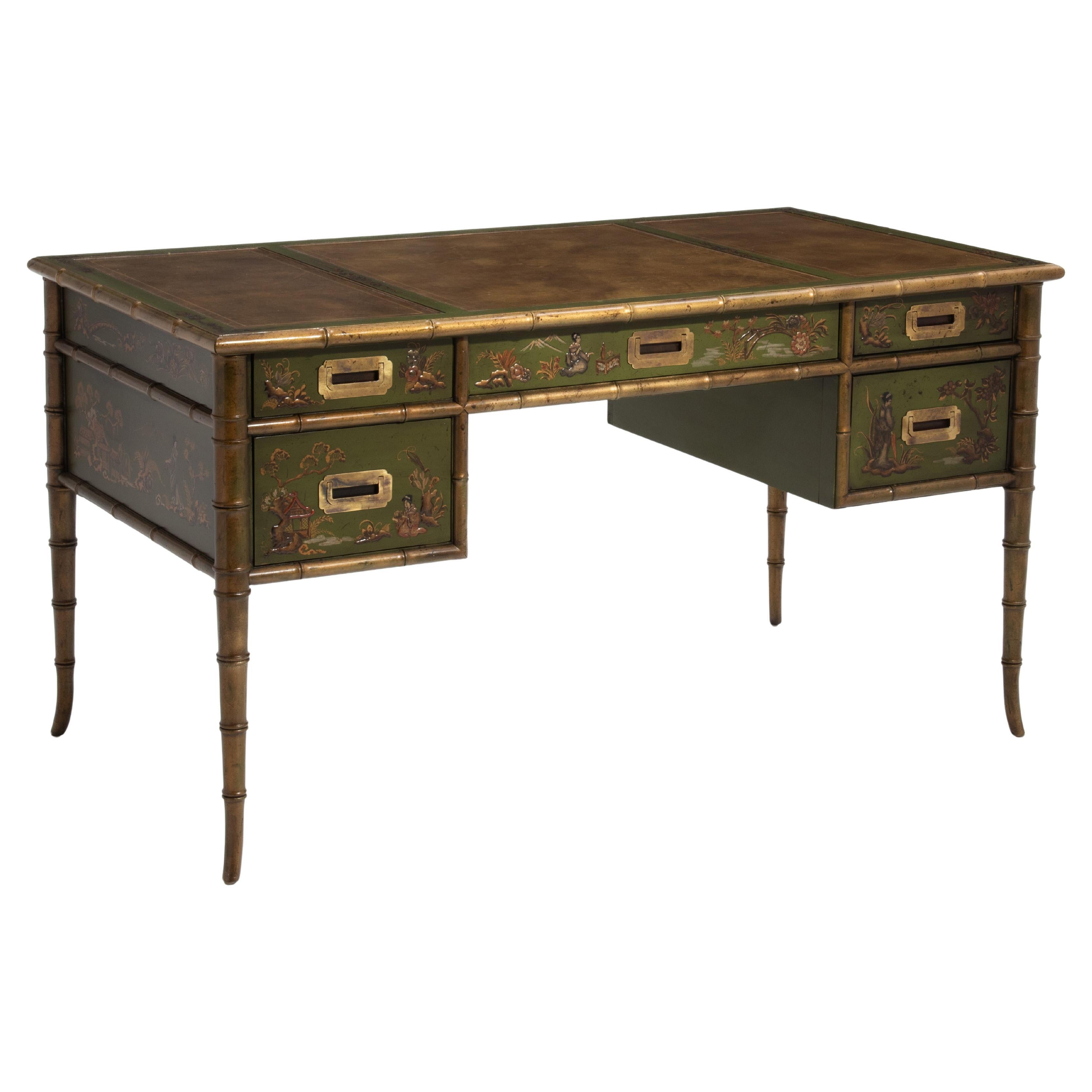 Drexel Chinoiserie Executive Campaign Desk Brass Leather Faux Bamboo