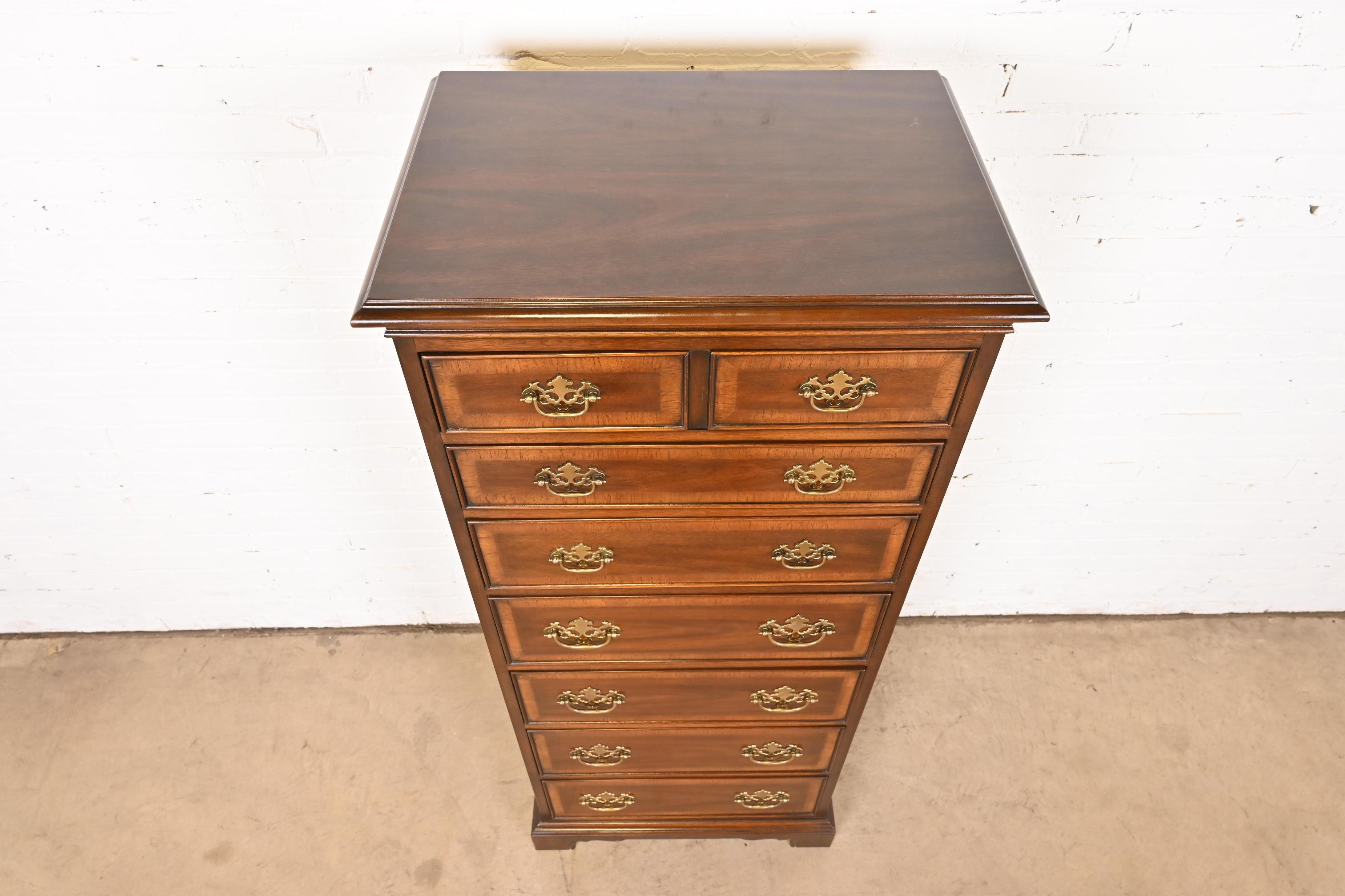 Brass Drexel Chippendale Banded Mahogany Lingerie Chest or Semainier