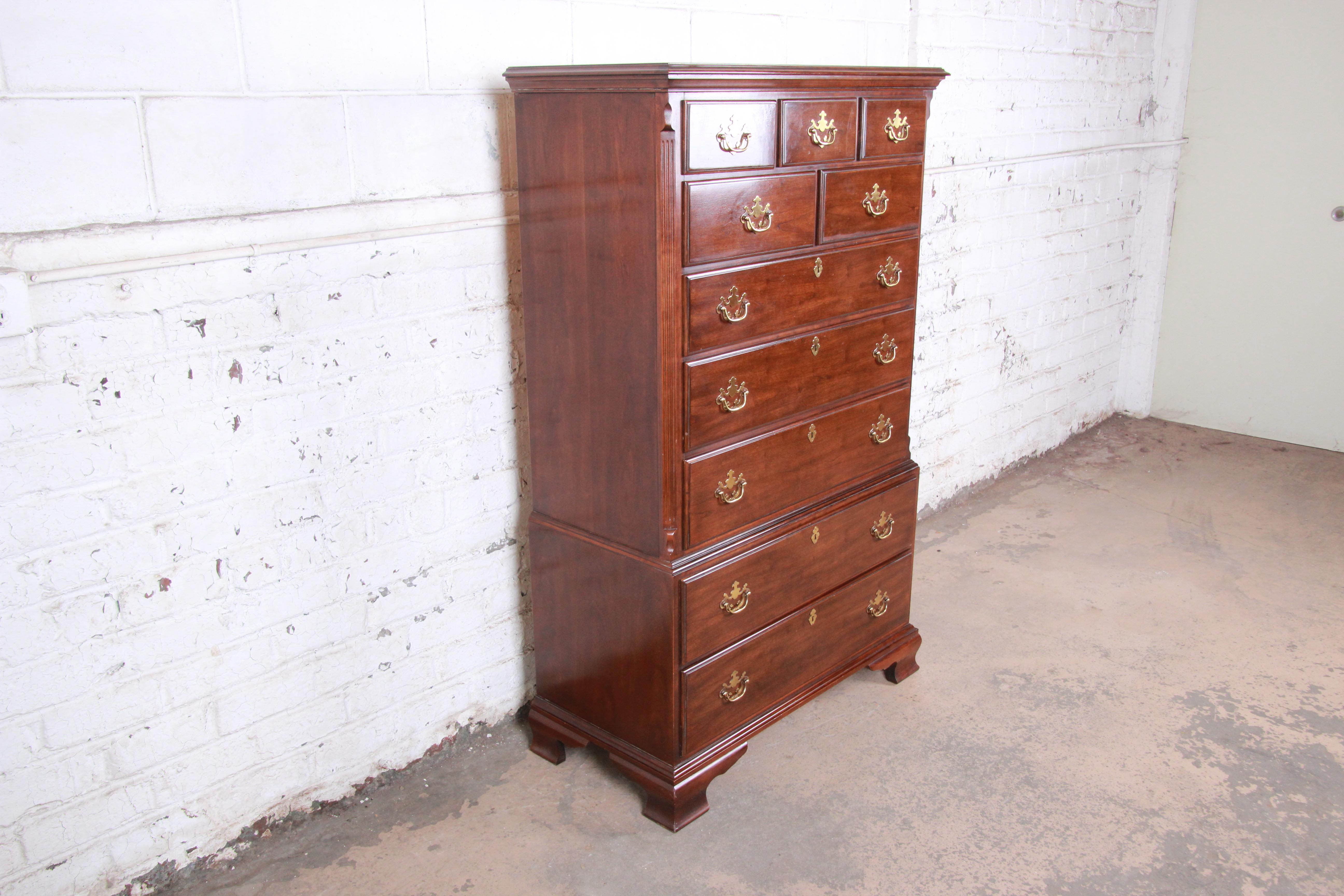 American Drexel Chippendale Style 10-Drawer Solid Cherry Highboy Dresser