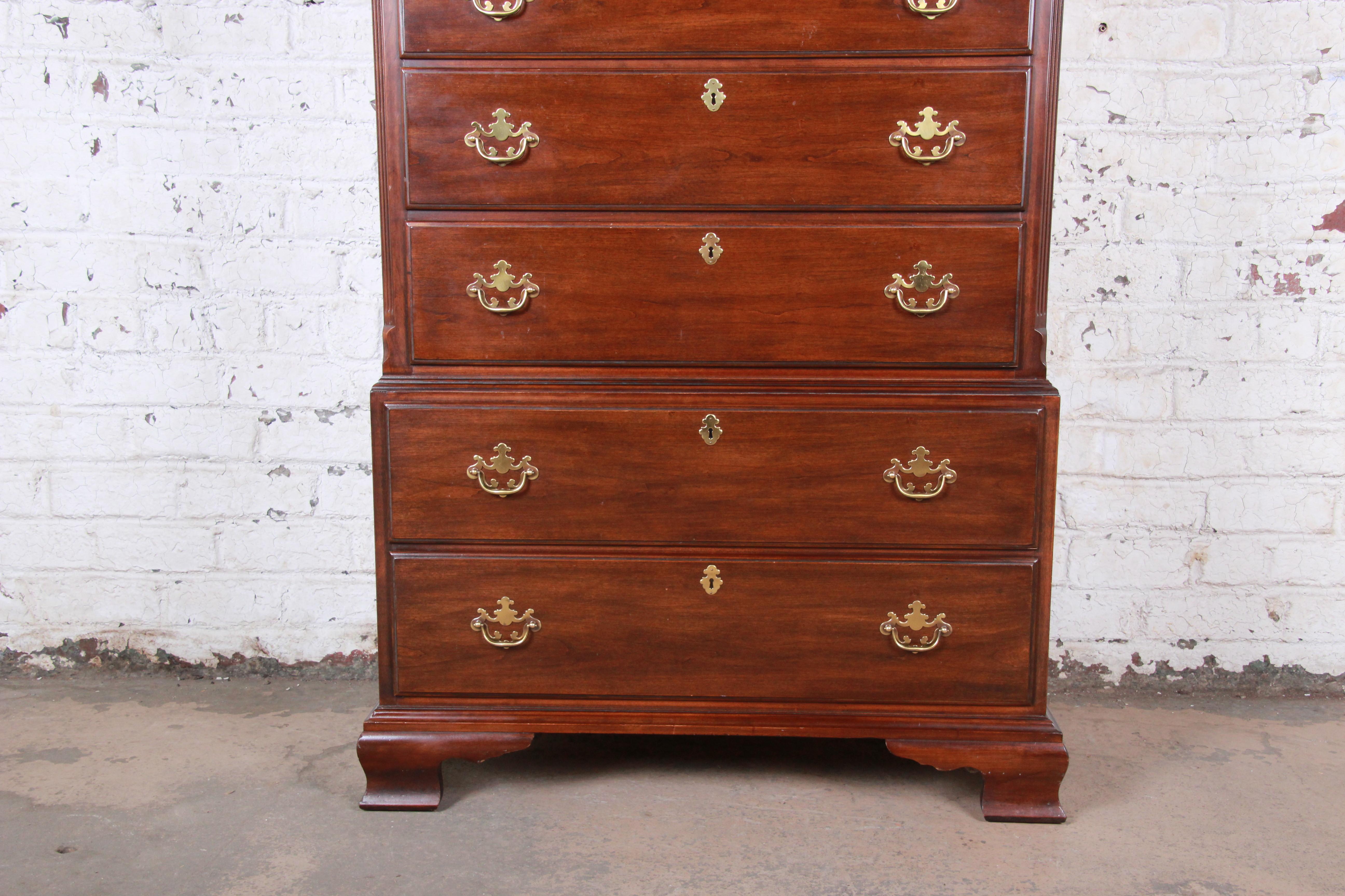 20th Century Drexel Chippendale Style 10-Drawer Solid Cherry Highboy Dresser