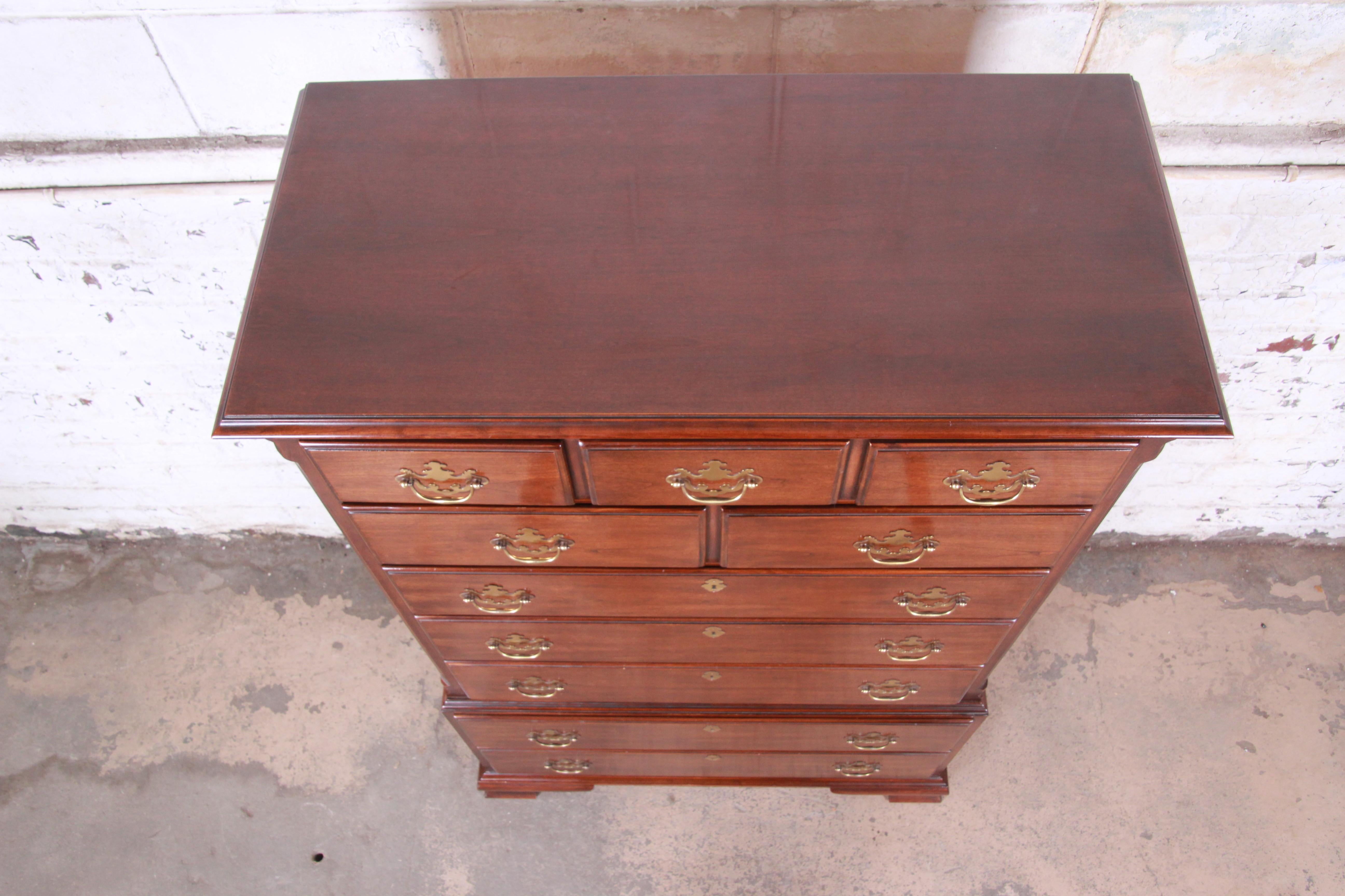 Brass Drexel Chippendale Style 10-Drawer Solid Cherry Highboy Dresser