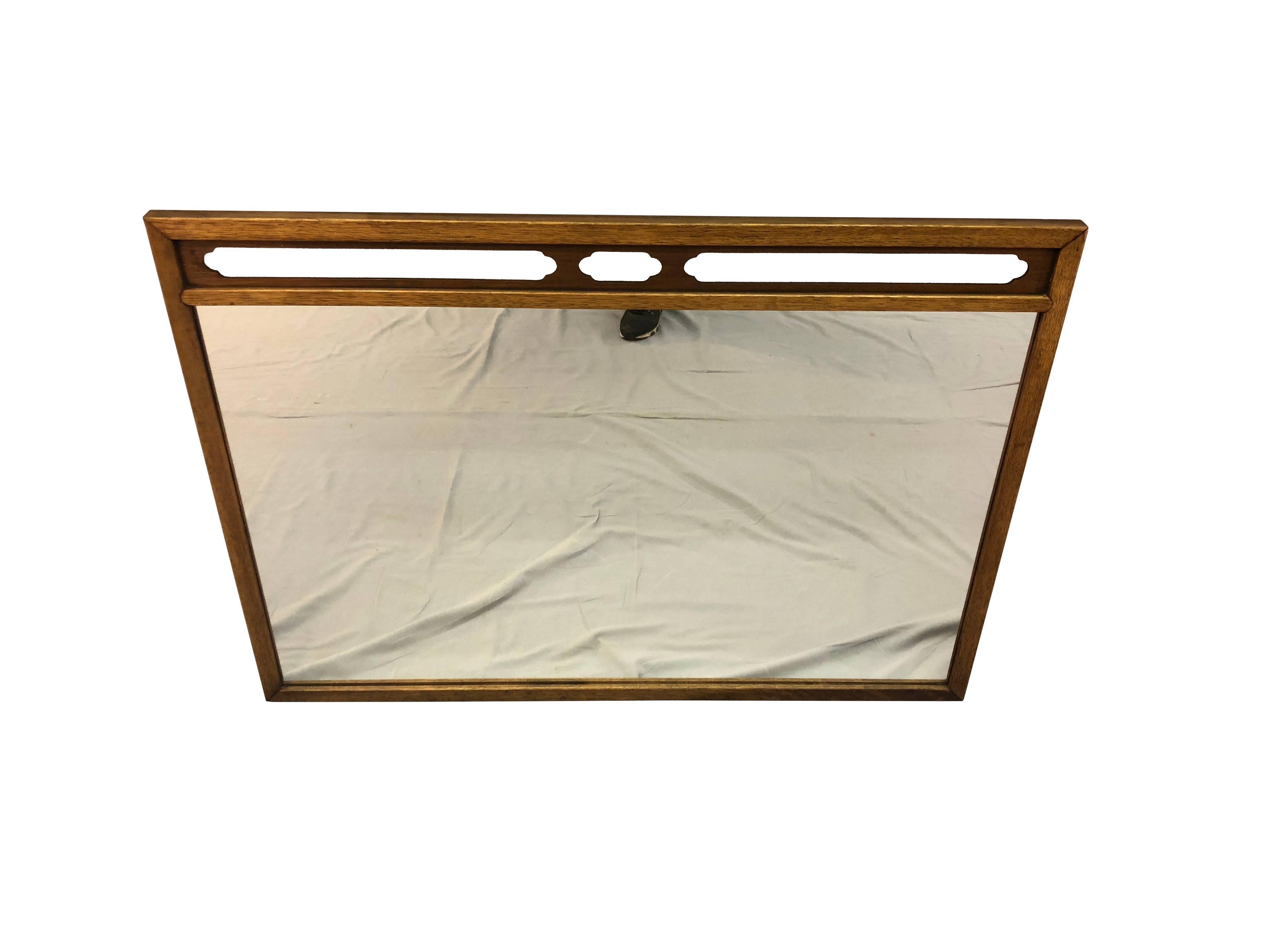 Vintage 1960s Drexel compass pecan and walnut wood wall mirror. Newly refinished condition. Some hardware included. Marked.
 