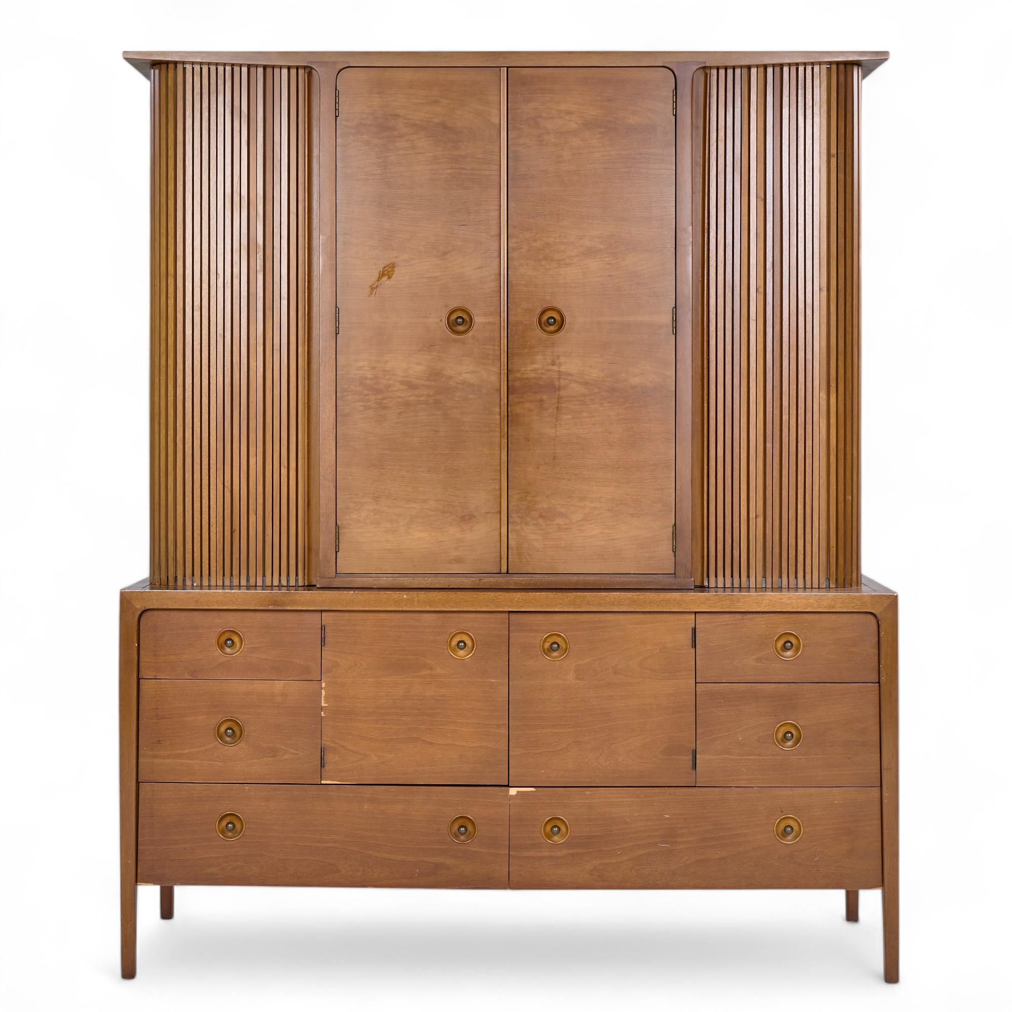 Drexel Counterpoint Mid Century Tambour Door Credenza and Hutch

The credenza measures: 60 wide x 20 deep x 30.25 inches high
The hutch measures: 60 wide x 17.5 deep x 42 inches high
The combined height of the credenza and hutch is 72.25 inches

All