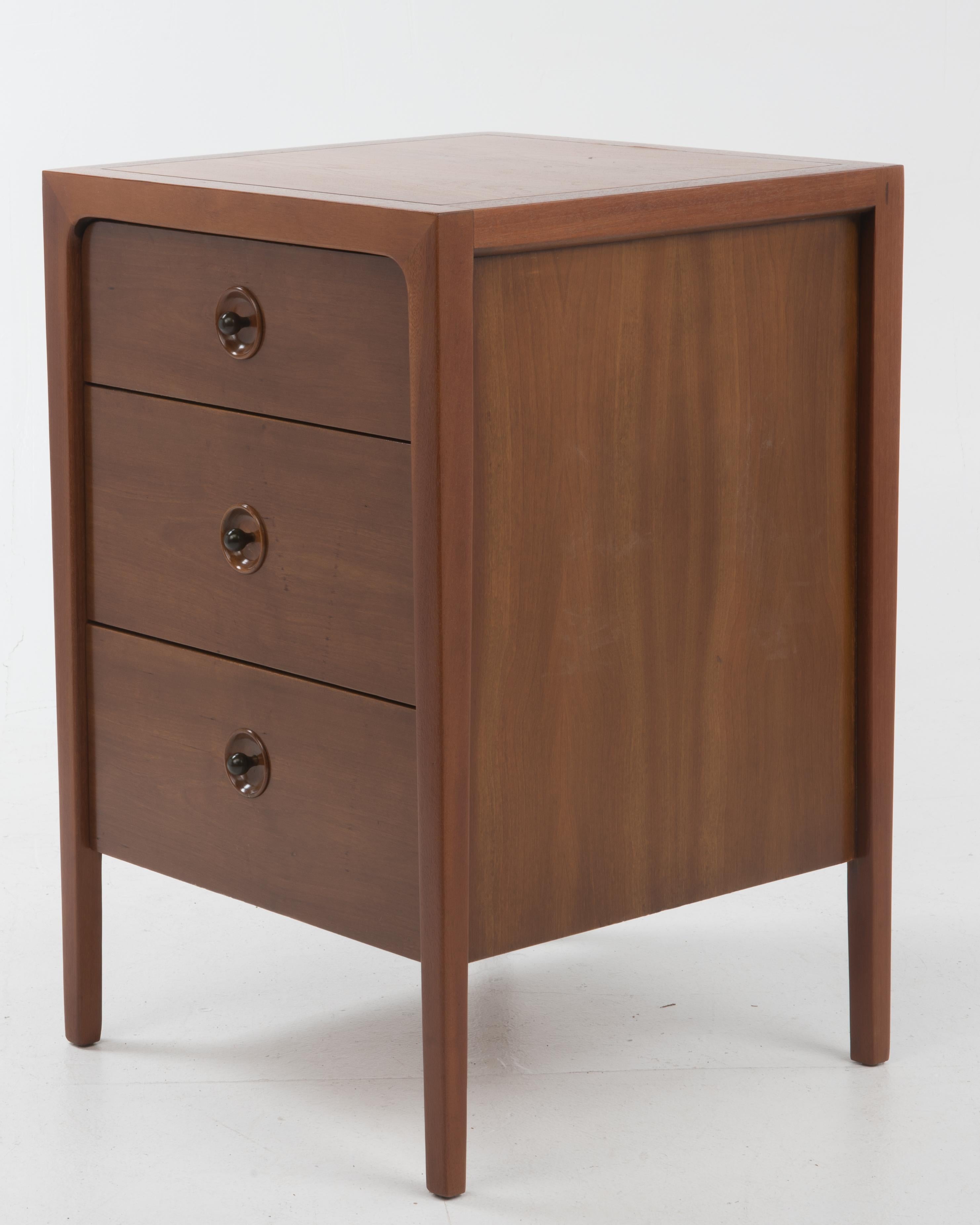 Drexel counterpoint small dresser night stand John Van Koert Cherry Mahogany mid century 1950s. A mid century Drexel counterpoint narrow dresser night stand designed by John Van Koert (1956). The cabinet is made of wild-grained cherry offset by