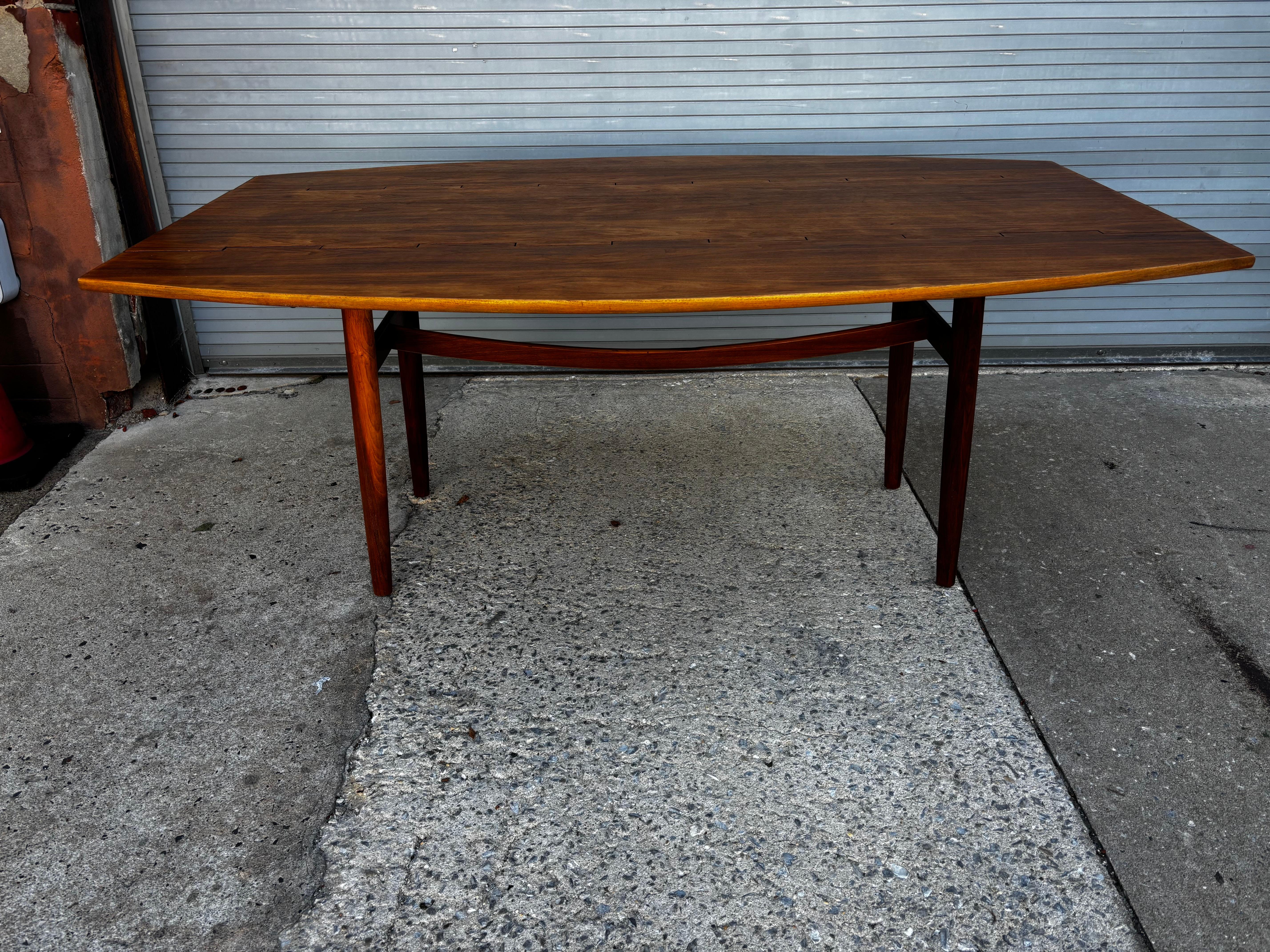 Drexel Drop-Leaf Dining Table or Console, designed by Barney Flagg.  Beautiful exposed Hinge detail that adds an elegant flair to this boat shaped table when opened!  Looks equally great with just one leaf up as well!  Newly refinished and ready to