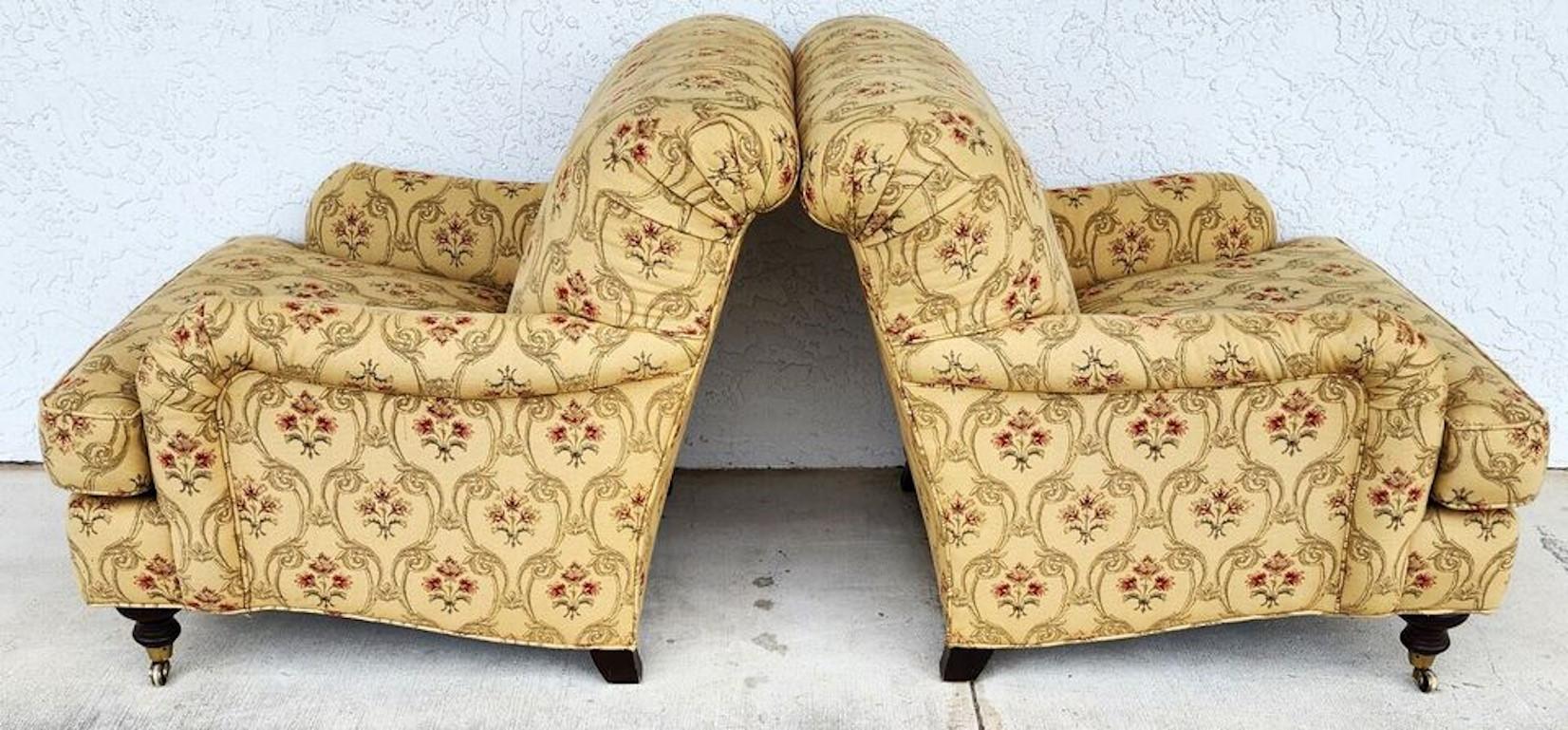 For FULL item description click on CONTINUE READING at the bottom of this page.

Offering One Of Our Recent Palm Beach Estate Fine Furniture Acquisitions Of A
Pair of DREXEL Upholstery Collection English Style Club Lounge Chairs with front casters